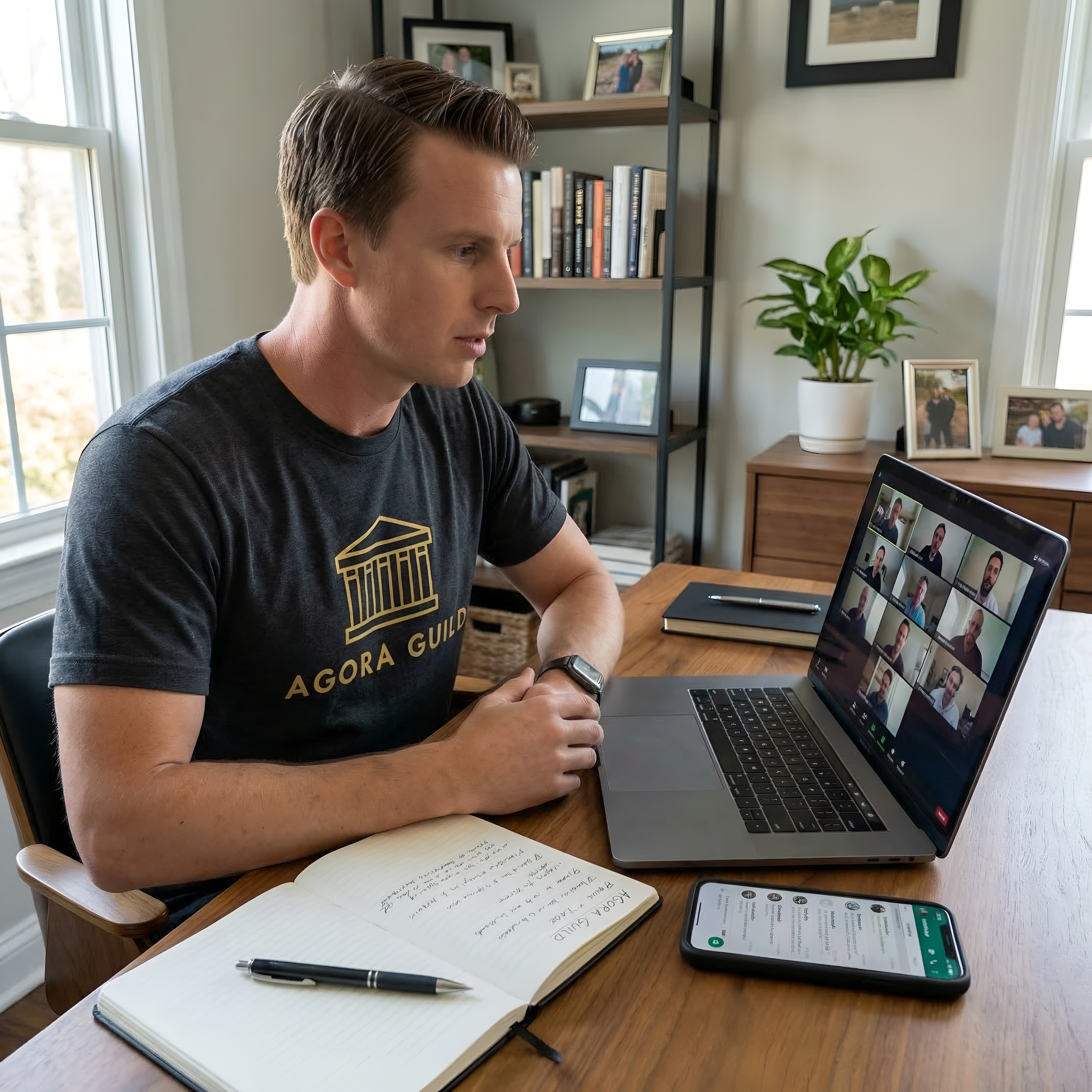 Group of men engaged in online Agora Guild's accountability discussion, highlighting the positive impact of brotherhood on personal growth and maintaining discipline.