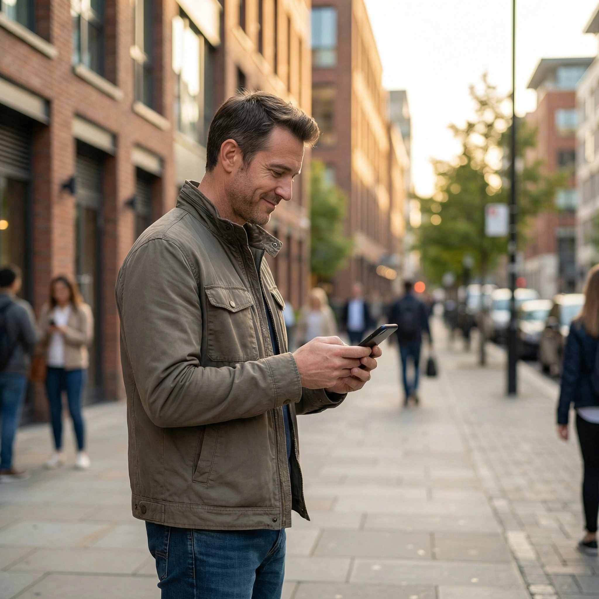 A man checking his phone during a short break, showing Agora Guild daily accountability support for busy professionals.