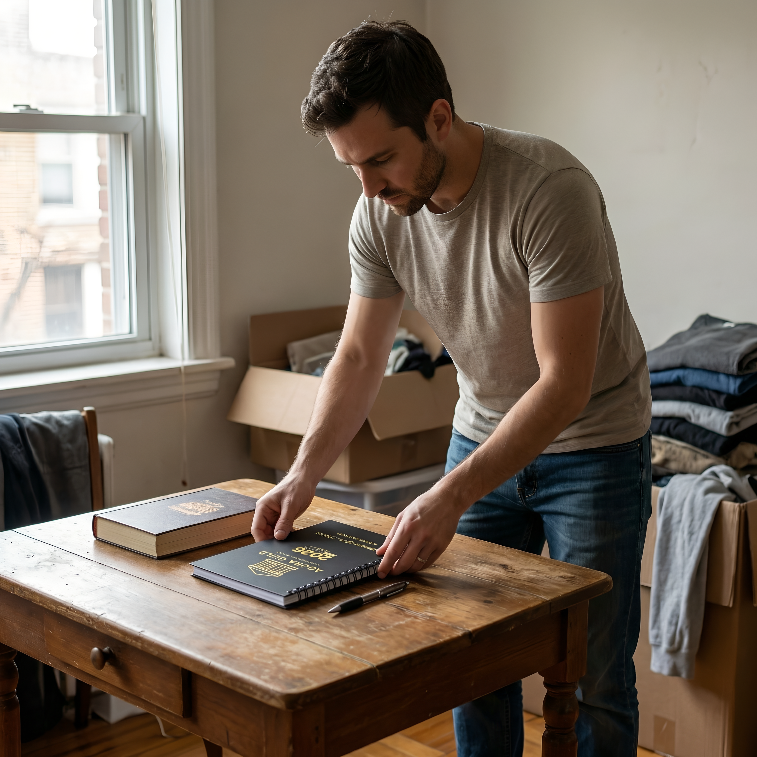 Man organizing his home and planning habits in a notebook for a 100-day discipline challenge