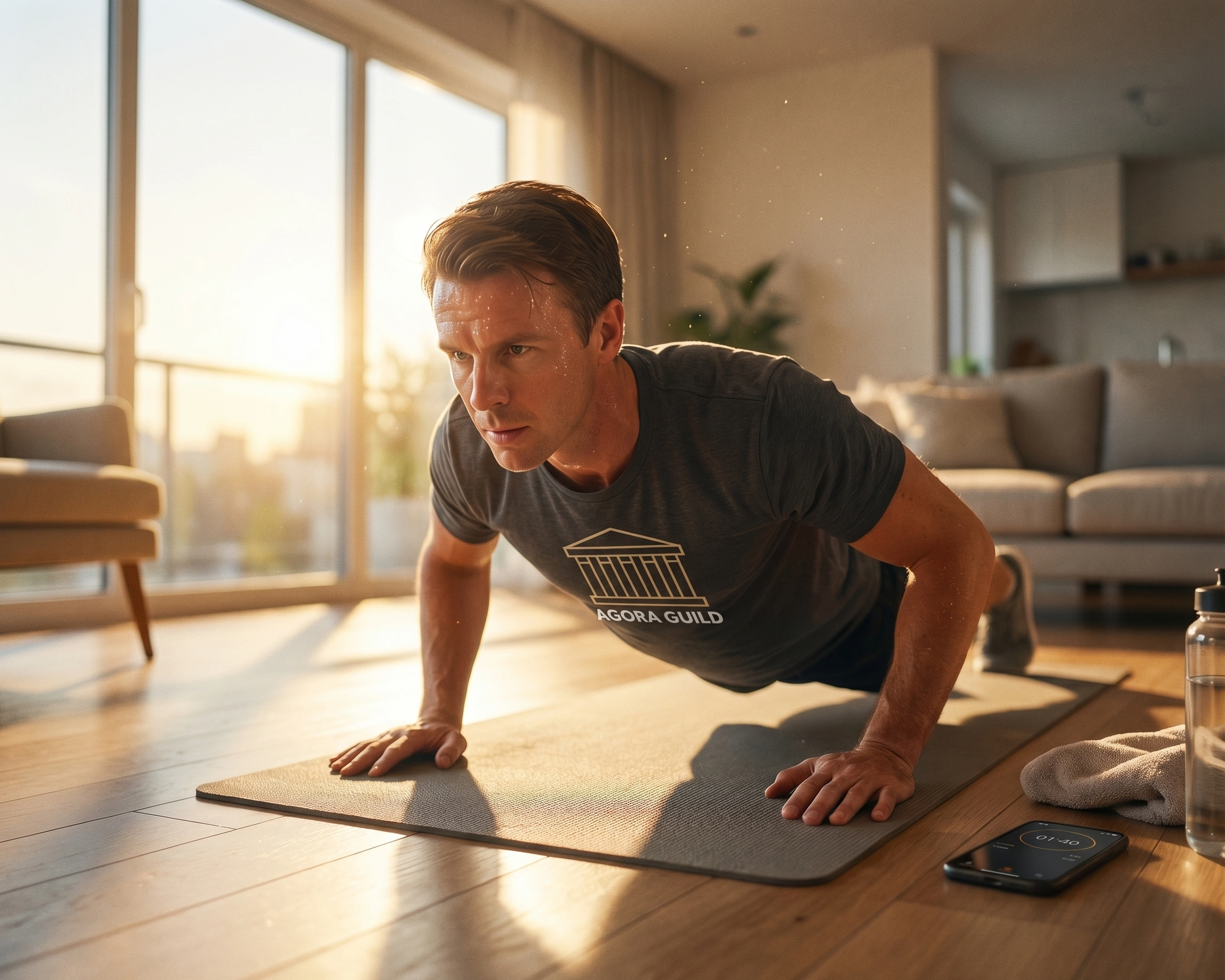 Man building strength with push-ups during an early morning home fitness routine in Agora Guild apparel