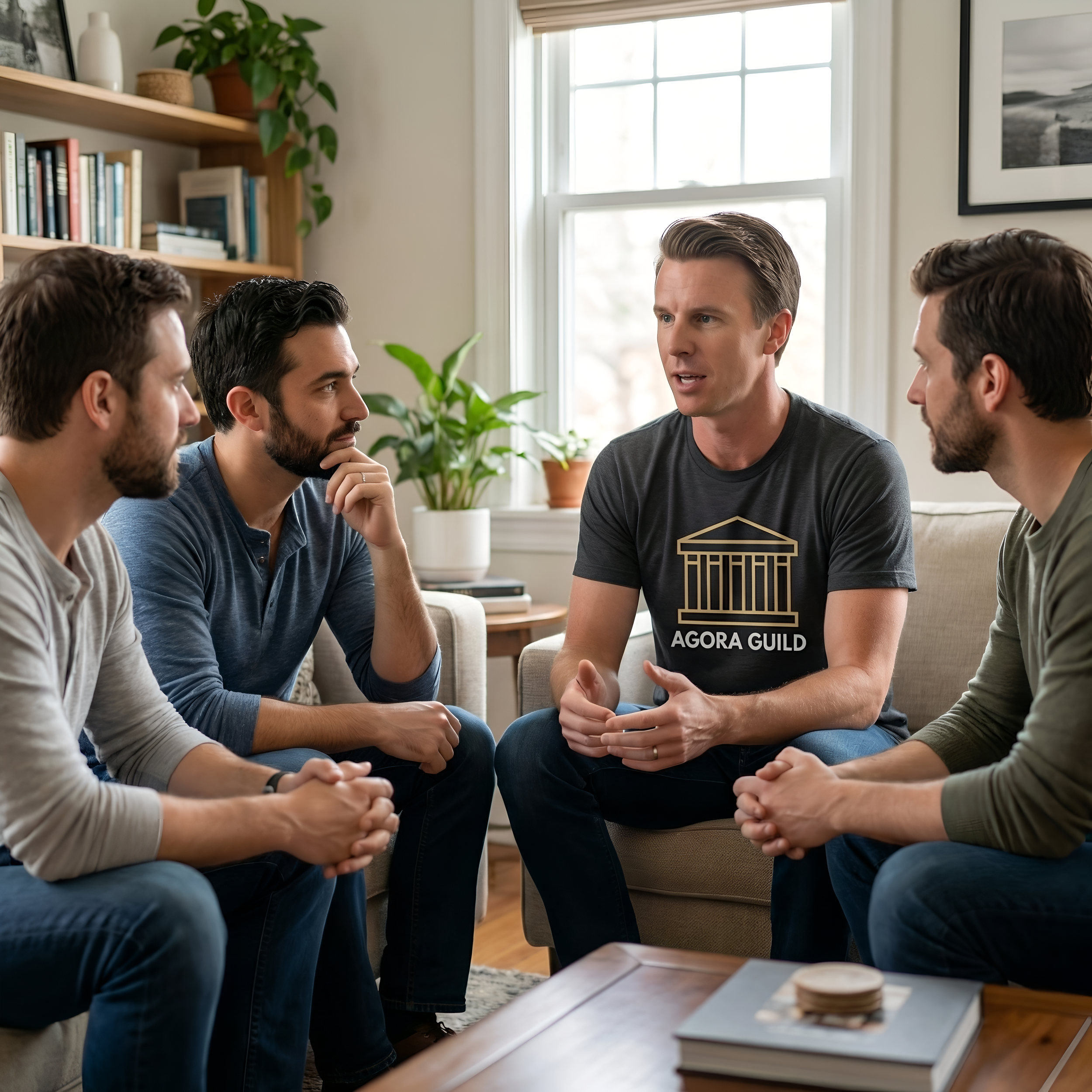 A man speaking confidently in a small Agora Guild group discussion, representing authentic masculine leadership and growth.