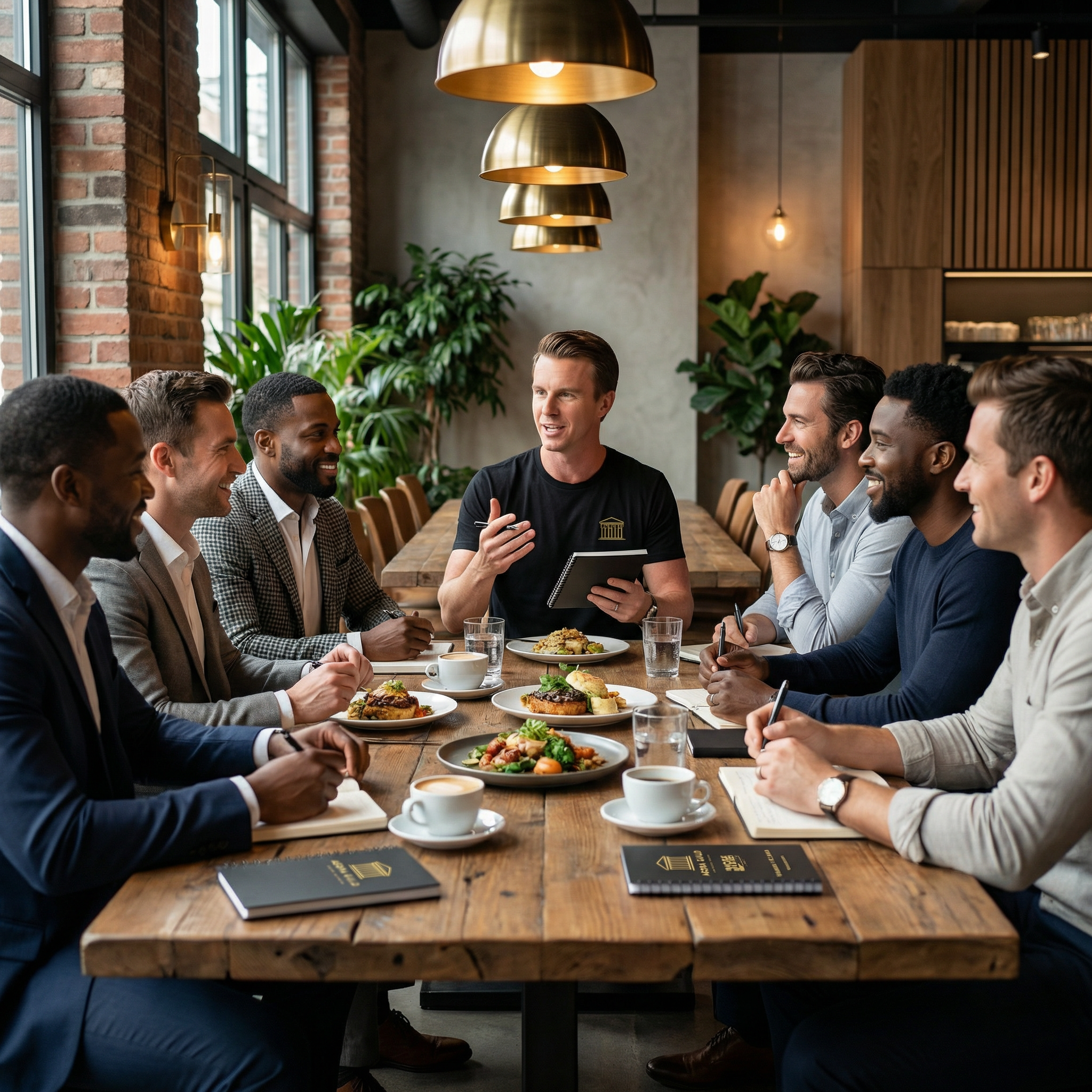 Group of men gathered around a wooden table in a modern cafe during a Agora Guild leadership and personal development discussion