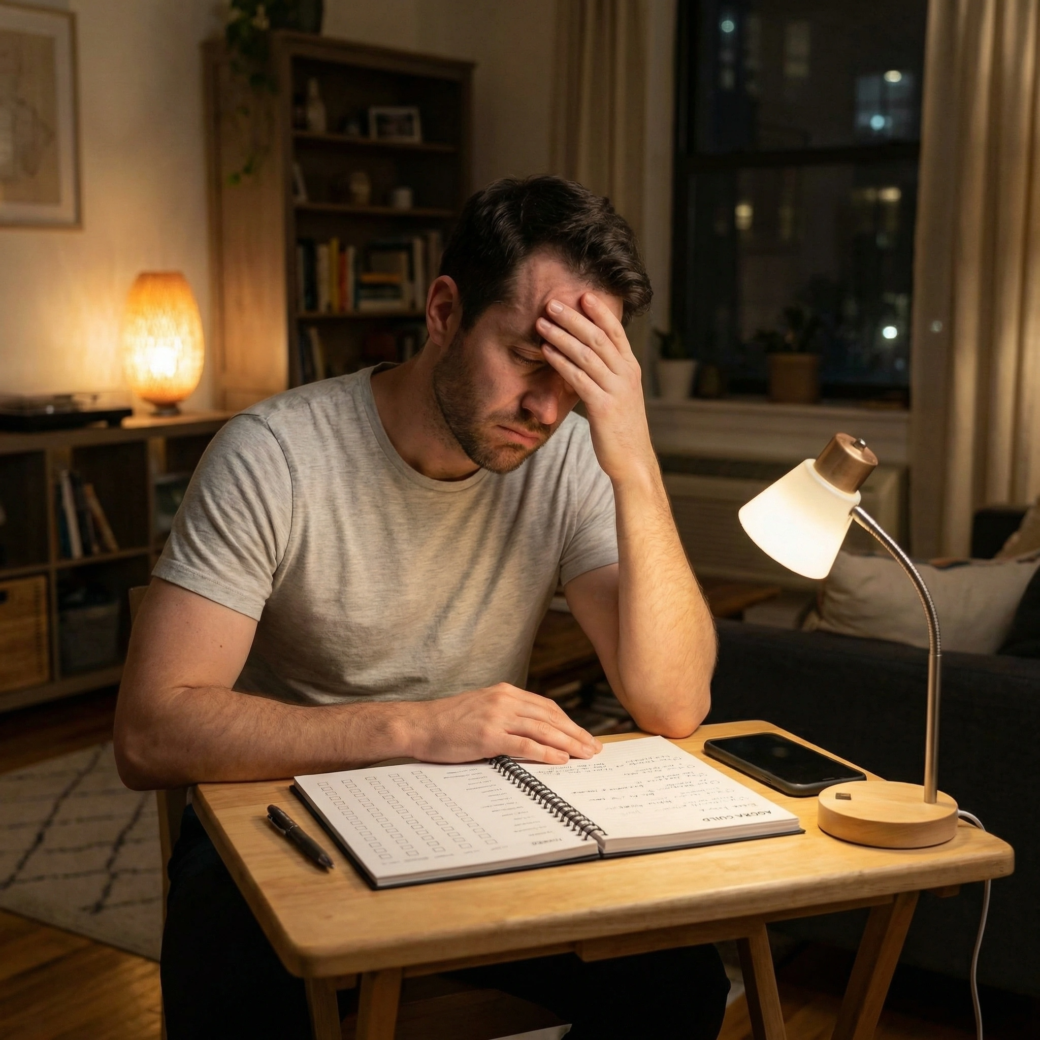 Man struggling with habit tracking and consistency during a 30-day challenge at home