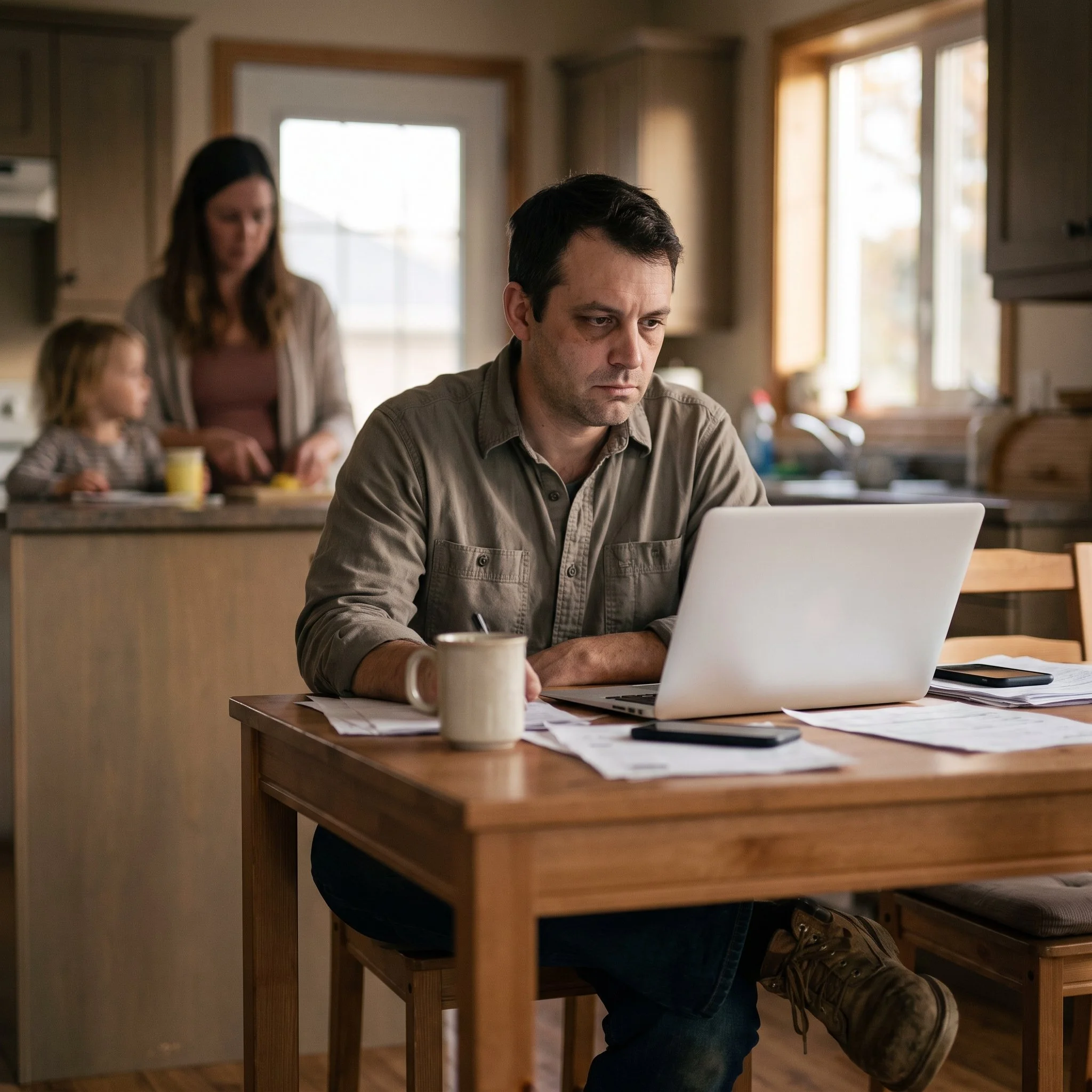 High-functioning father appearing productive at home while quietly experiencing withdrawal and hidden male depression.