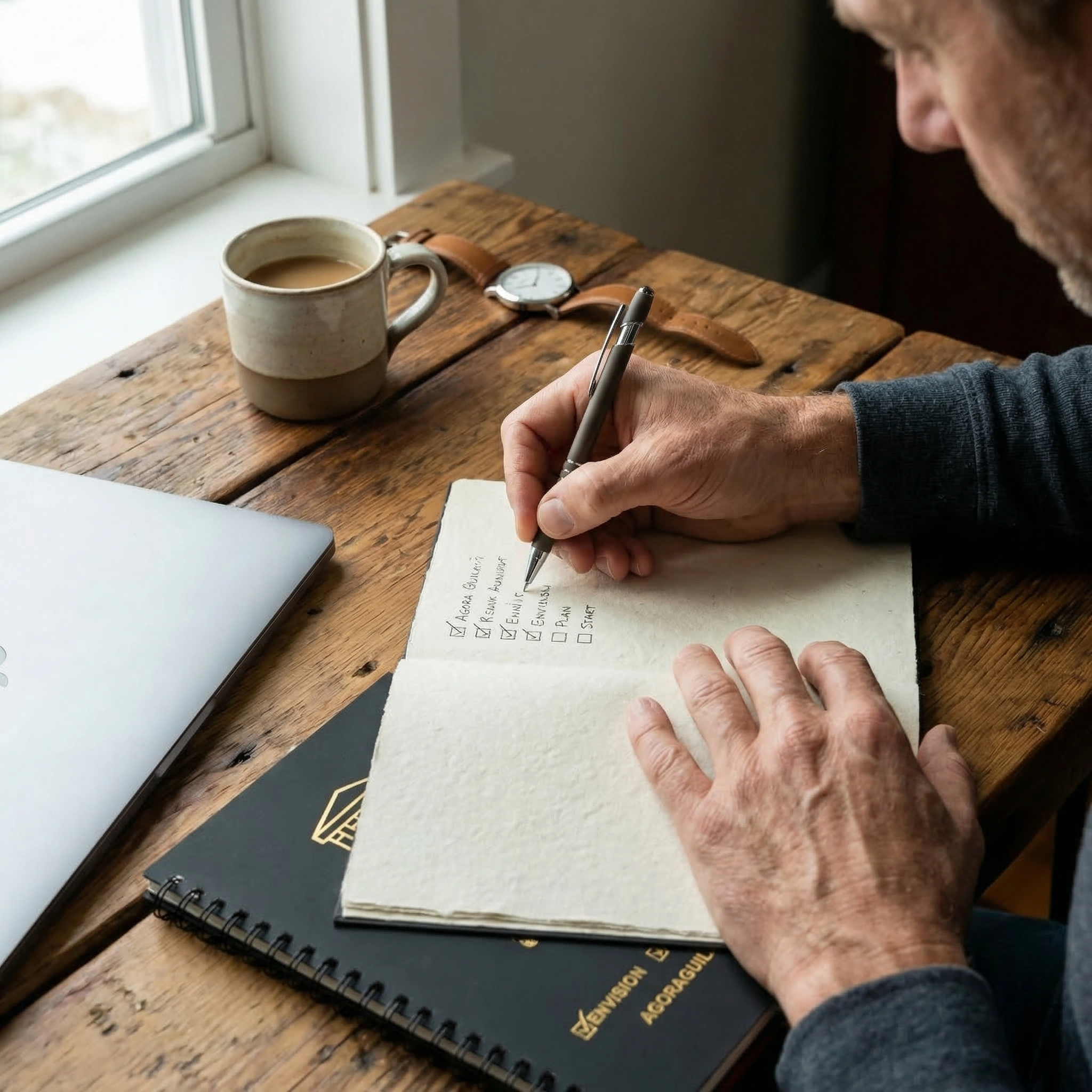 Close-up of a man writing goals in a structured life Agora Guild playbook to rewire habits and overcome mental blocks