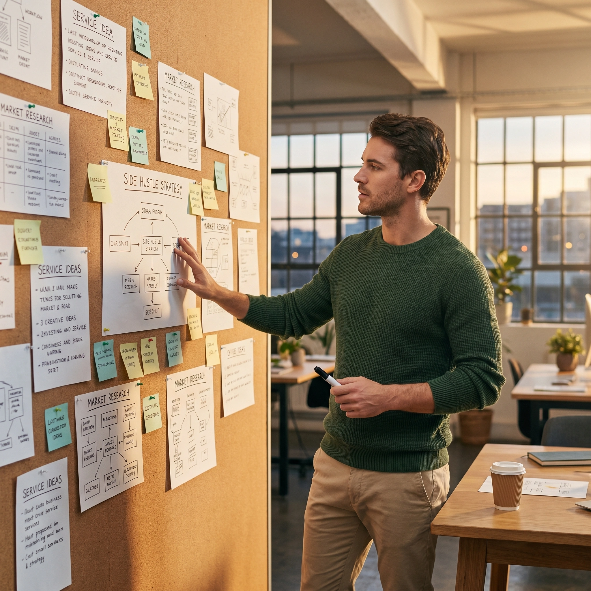 Man planning high-income freelance skills and profitable side hustle ideas for 2026 in a modern workspace
