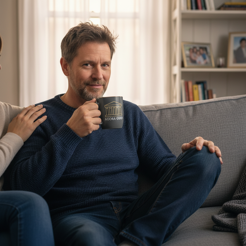 Husband and wife sitting close together on a couch rebuilding emotional intimacy after stress