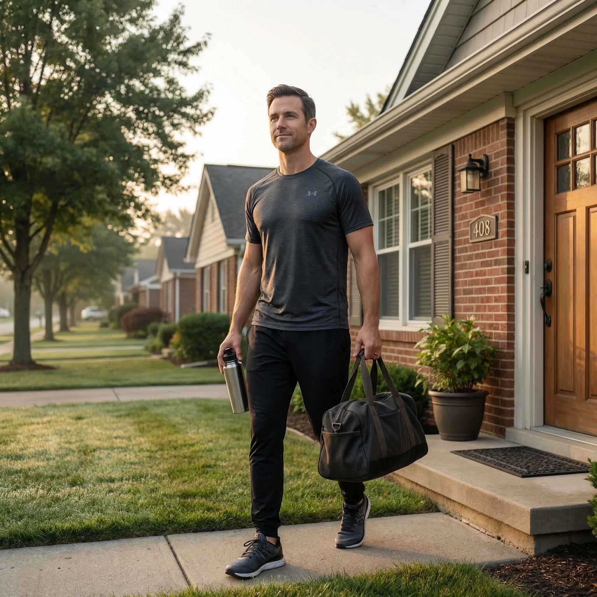 Disciplined man leaving home early in the morning showing long-term momentum through daily structure and accountability