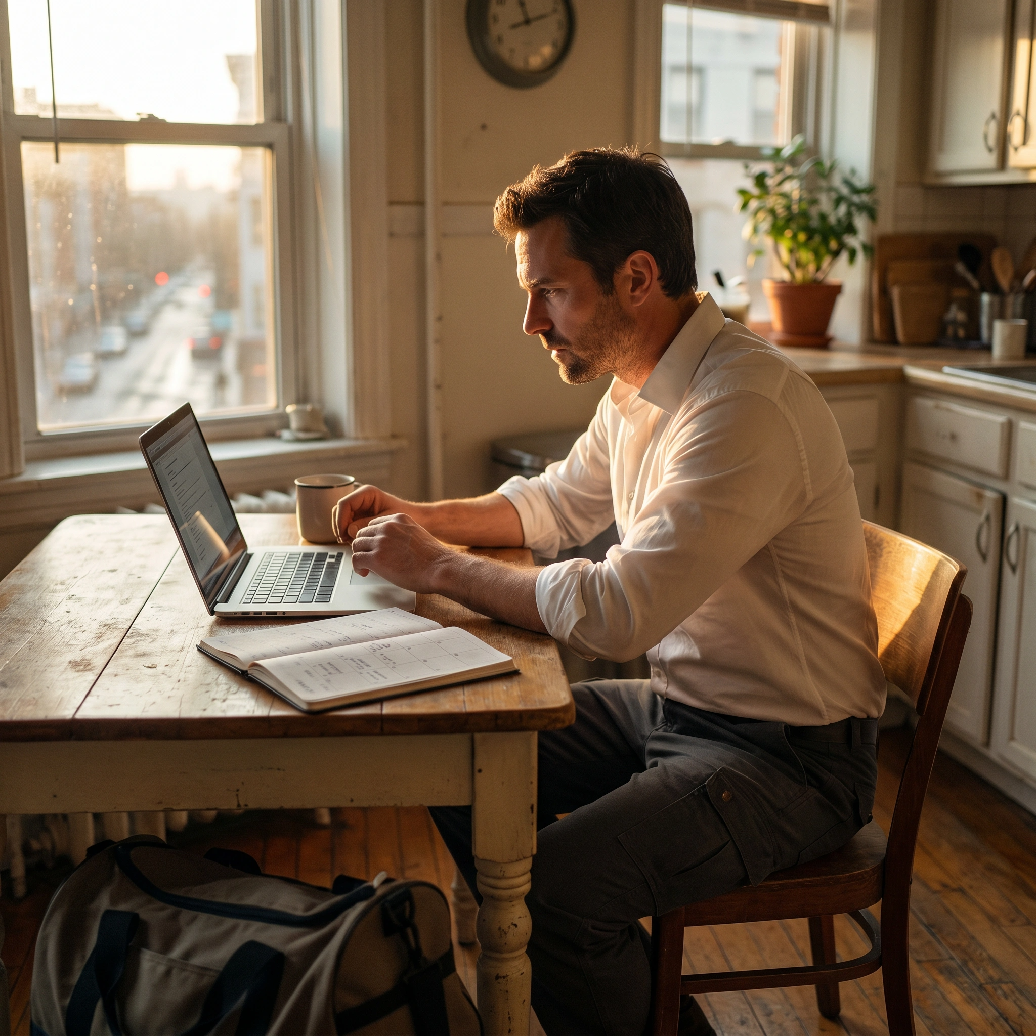 Man balancing a 9-to-5 job and side business while managing burnout and time blocks