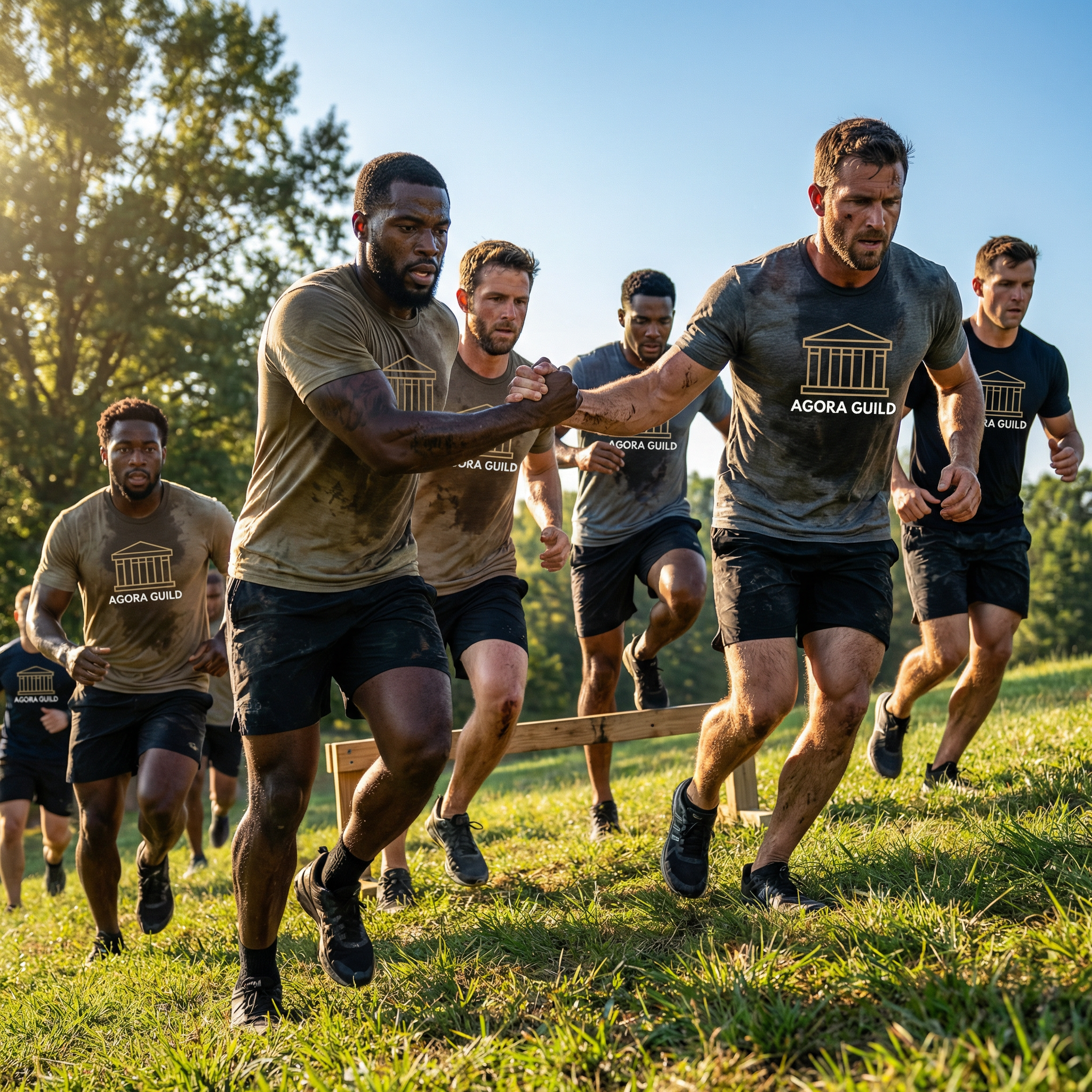 A group of six to eight mixed-race men running up a grassy hill during the “Agora 100” outdoor fitness challenge, helping each other over obstacles, showing teamwork, determination, and focus in a natural outdoor setting with sunlight and trees.