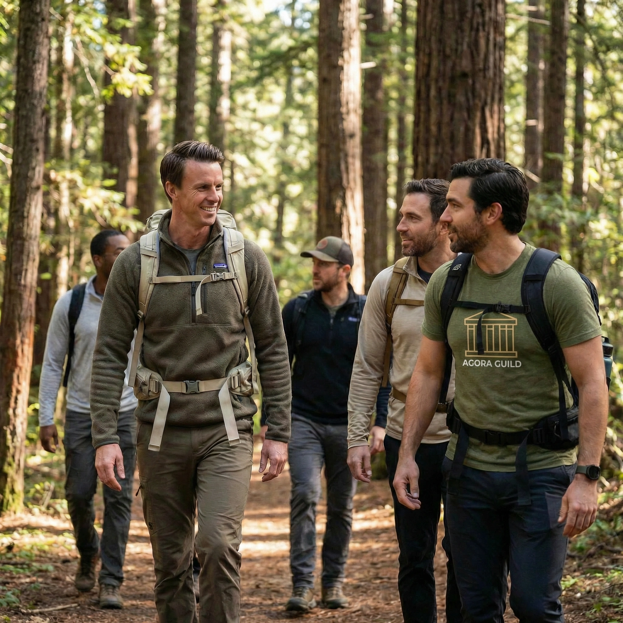 Men gathered at an in-person men's retreat for conversation, movement, and personal growth