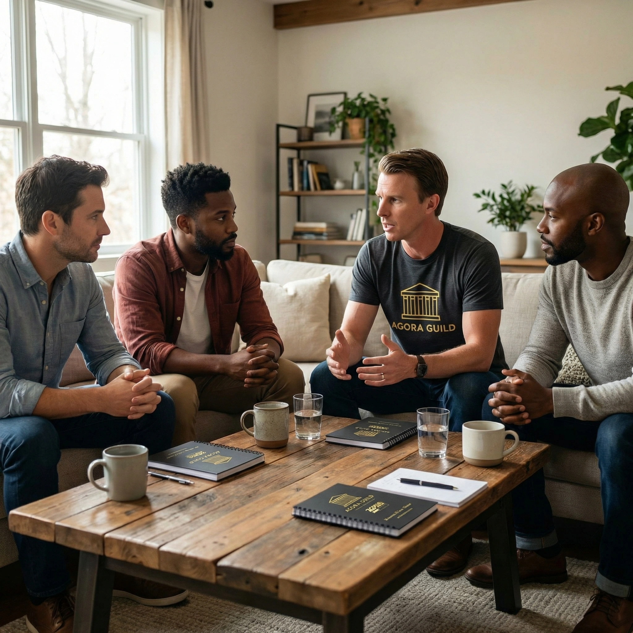 Men discussing personal growth and accountability in a Agora Guild mastermind circle