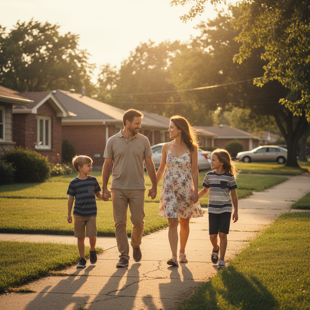 Middle-class family walking together through their neighborhood in a hopeful everyday moment