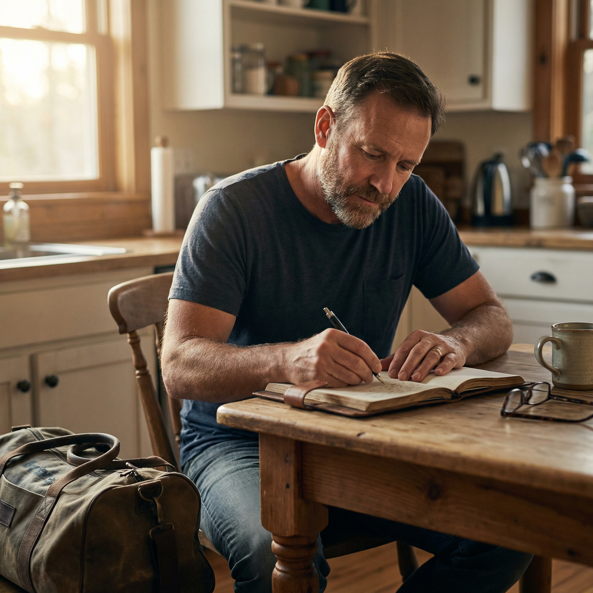 After taking Agora Guild online session man writing goals in a notebook at a desk, showing focus, discipline, and personal growth.