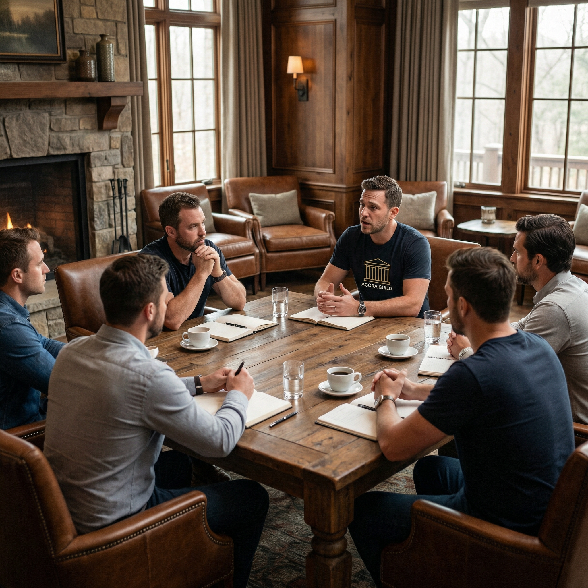 Small group of men in a mastermind session discussing leadership, mindset, and personal growth