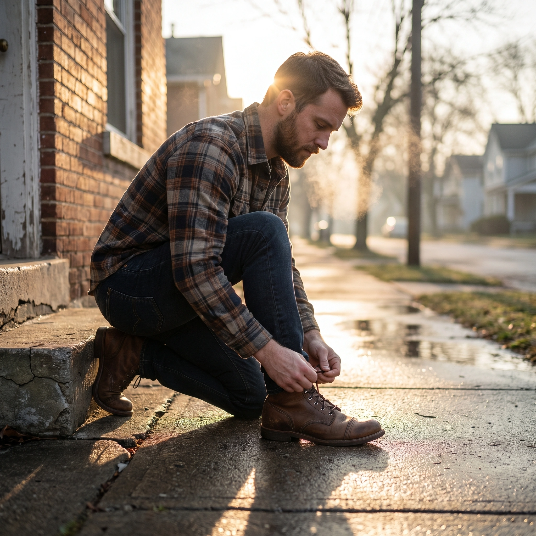 Man taking a small first step outdoors, representing imperfect action and momentum.