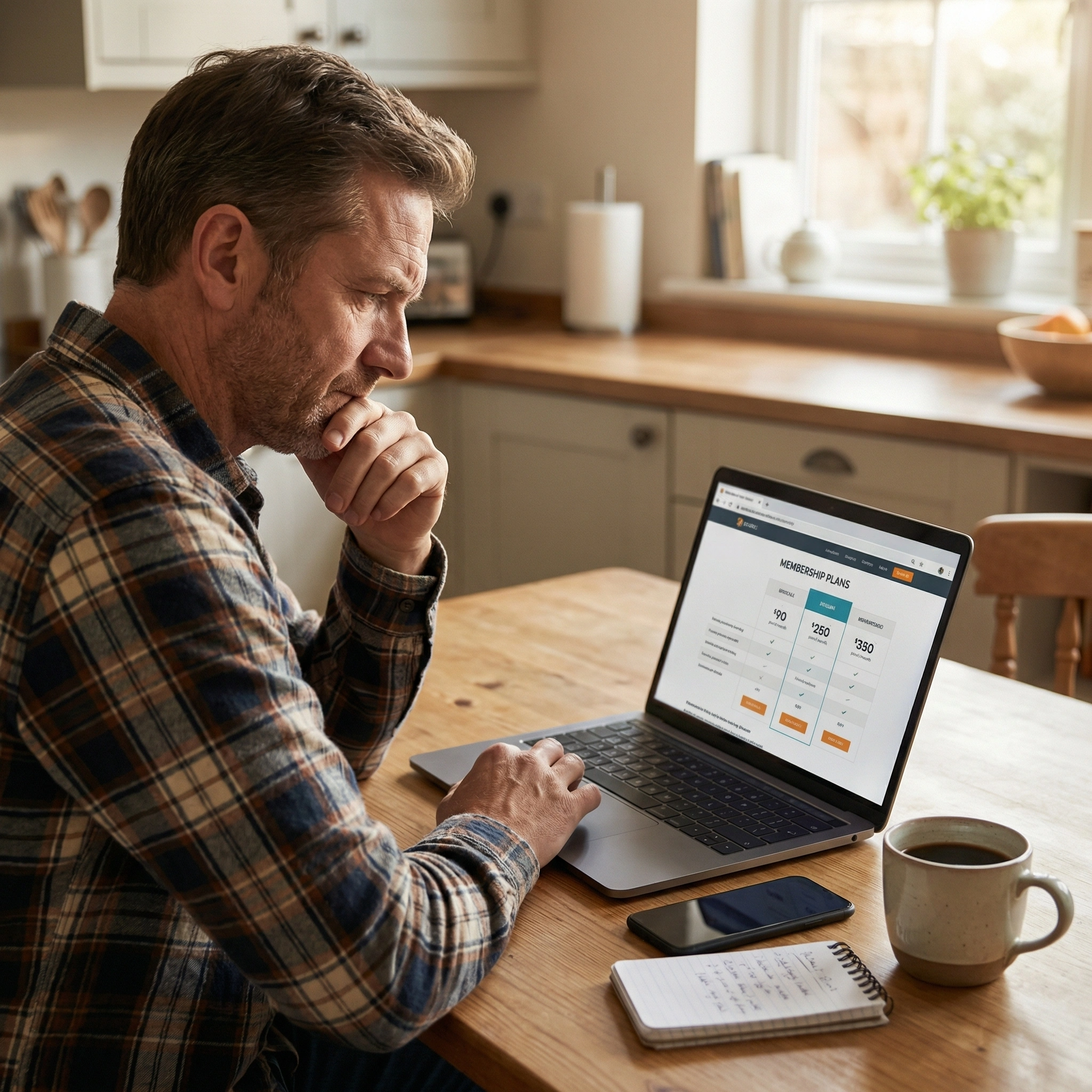 man comparing flat-rate men’s membership vs high-ticket coaching programs on laptop