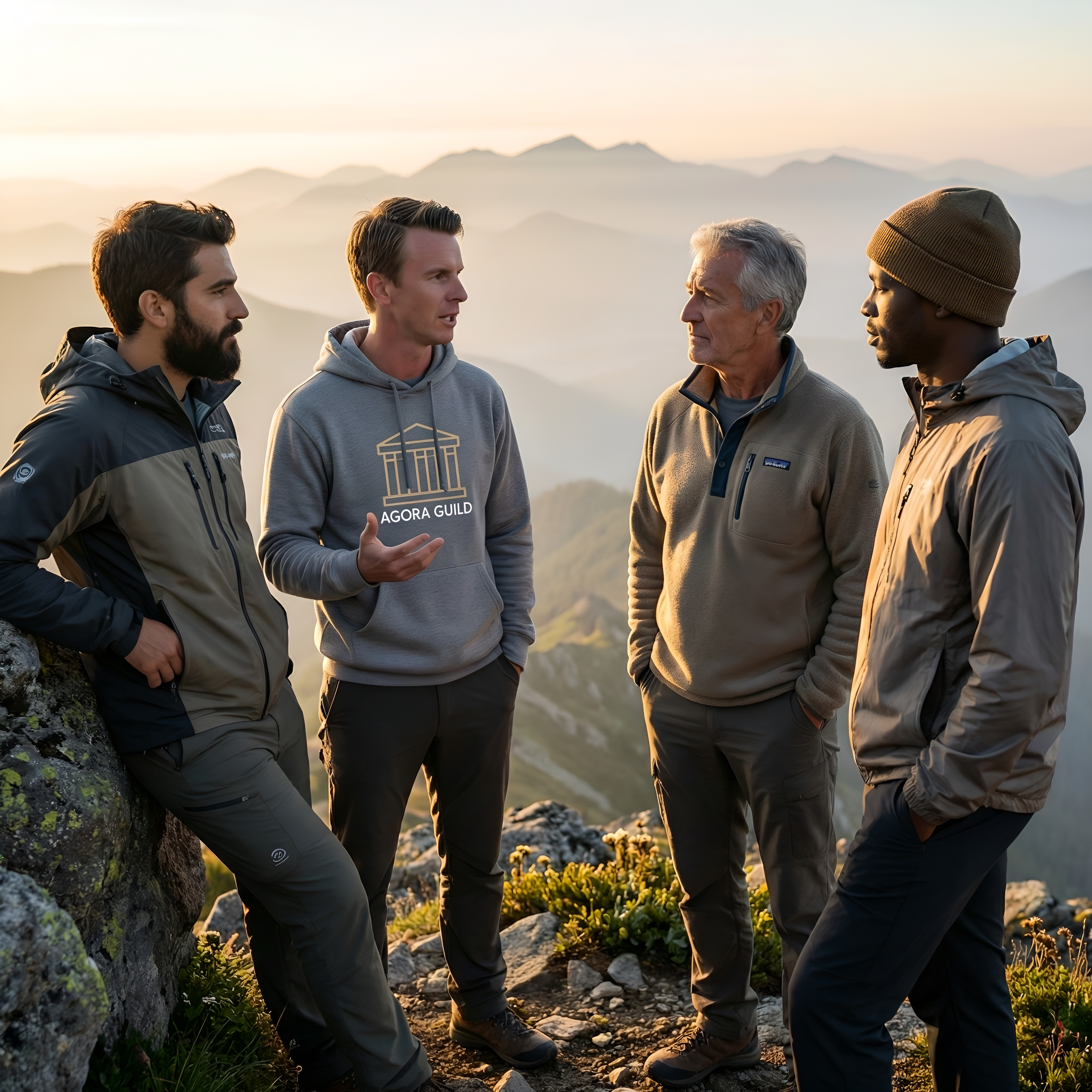Group of men standing together outdoors after a hike showing Agora Guild's brotherhood, support, and personal growth