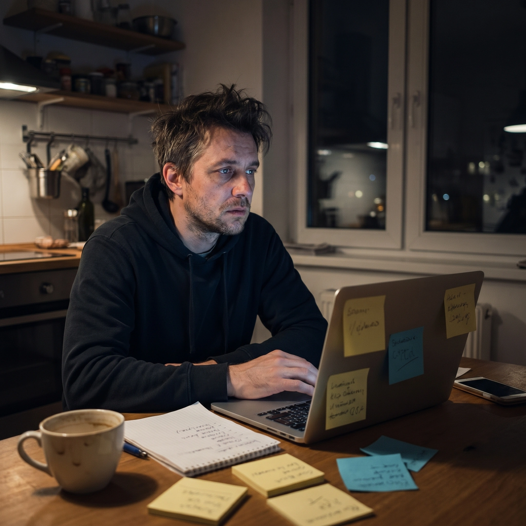 Man stuck in analysis paralysis at desk