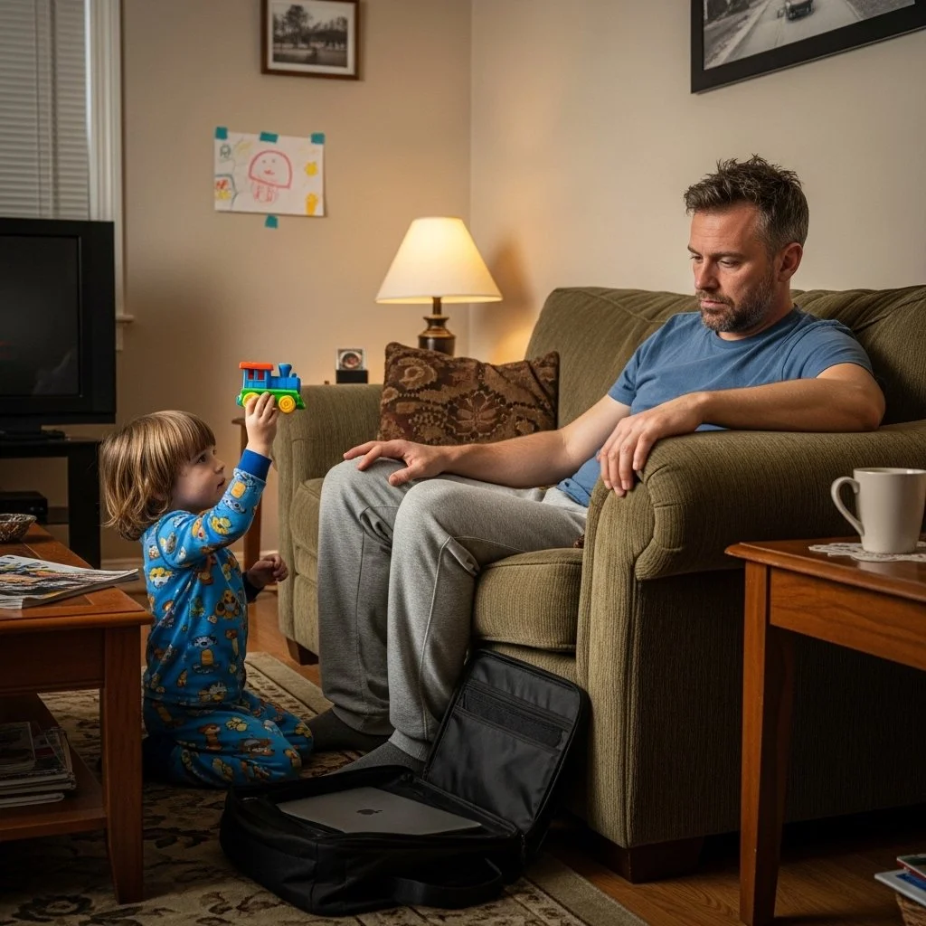 Tired father sitting on a couch while his child seeks attention in a modest family living room