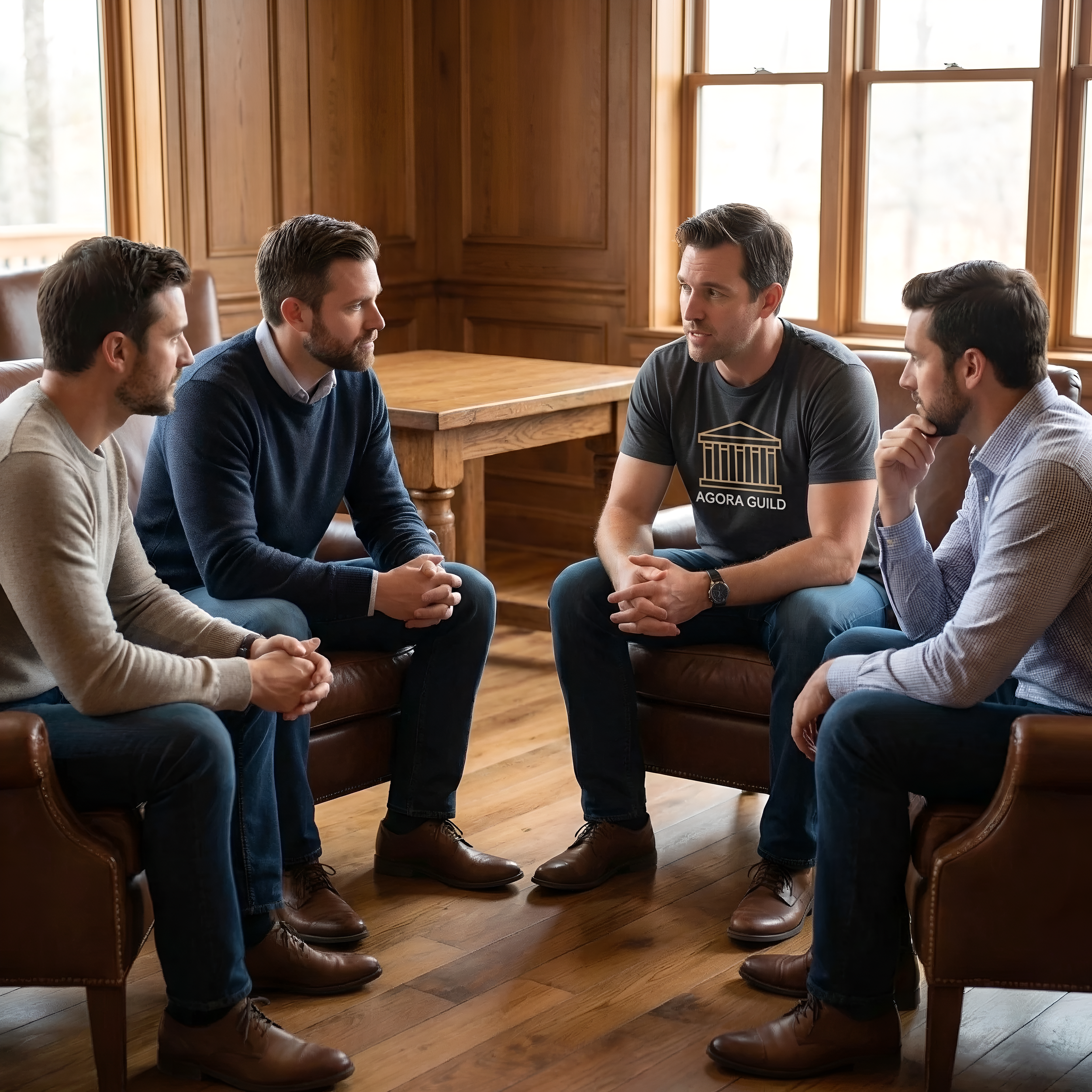 Adult men in a private circle having an honest conversation about growth, support, and genuine brotherhood