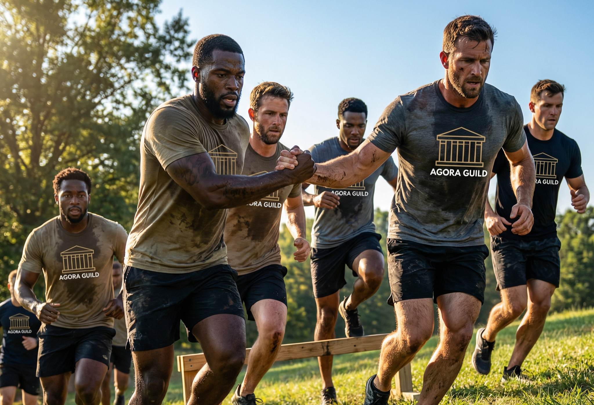 Agora Guild members completing the Agora 100 outdoor fitness challenge in matching shirts during a team obstacle workout