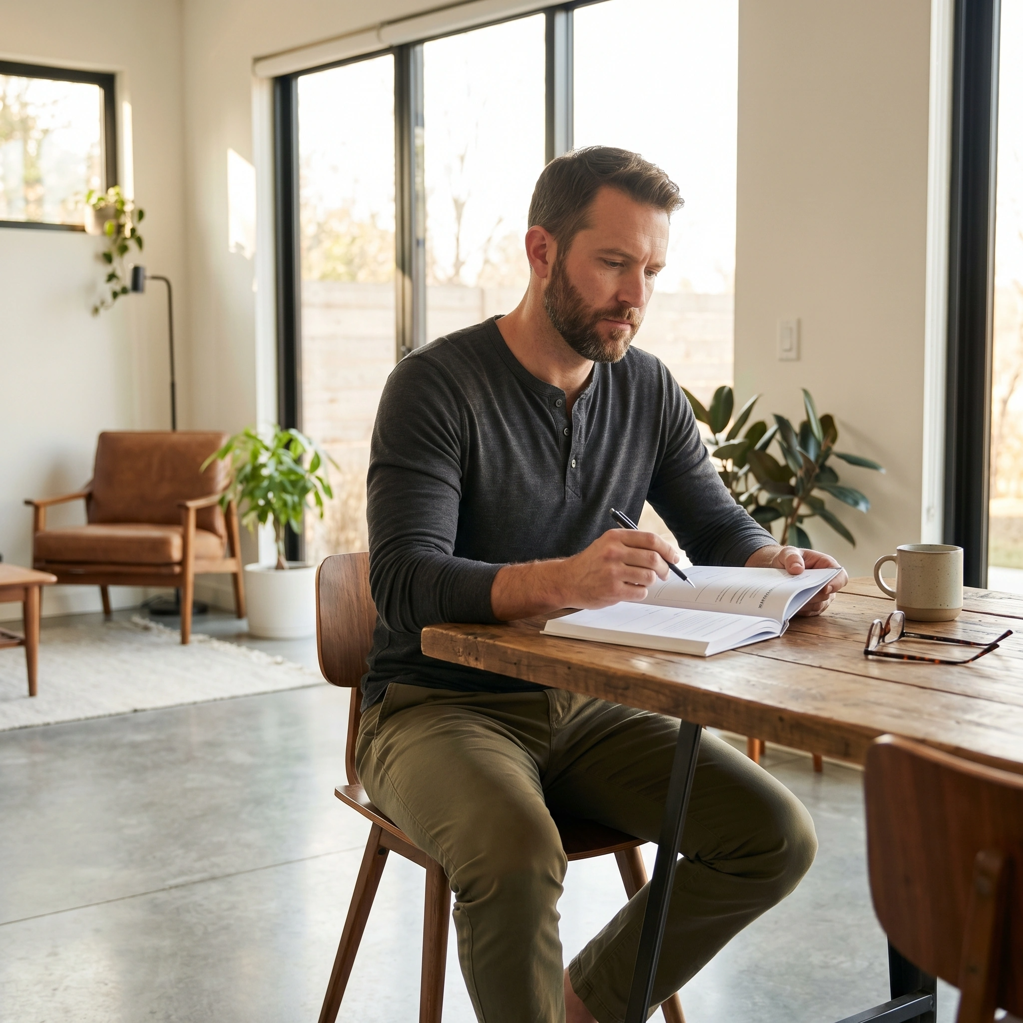 Man reviewing a men’s self-improvement program carefully before choosing a playbook and accountability group