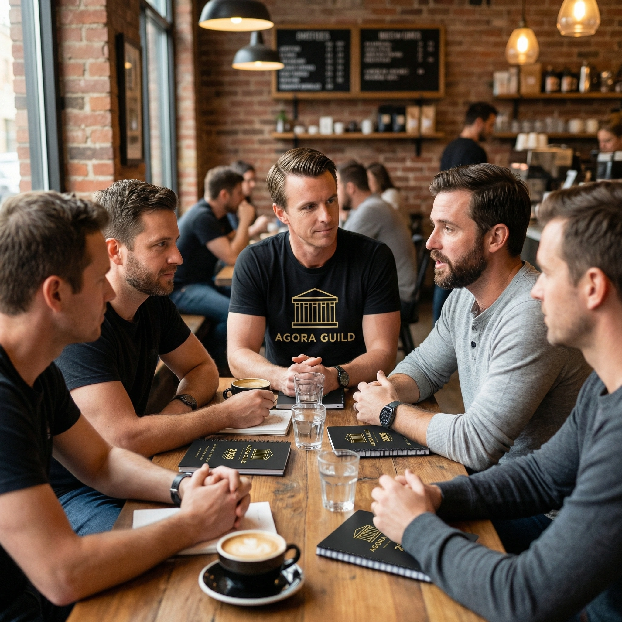 Agora Guild men’s mastermind group session in a café with host guiding members through mentorship and accountability
