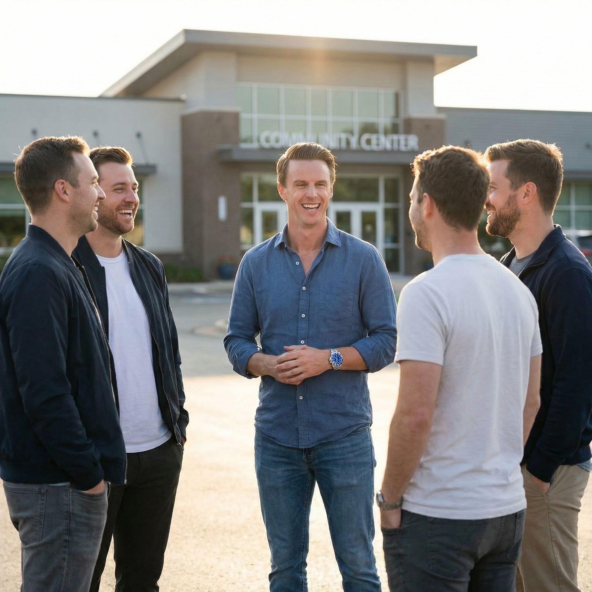 A group of men gathered outdoors for a Agora Guild's In-person retreat, building stronger brotherhood through real-world connection.
