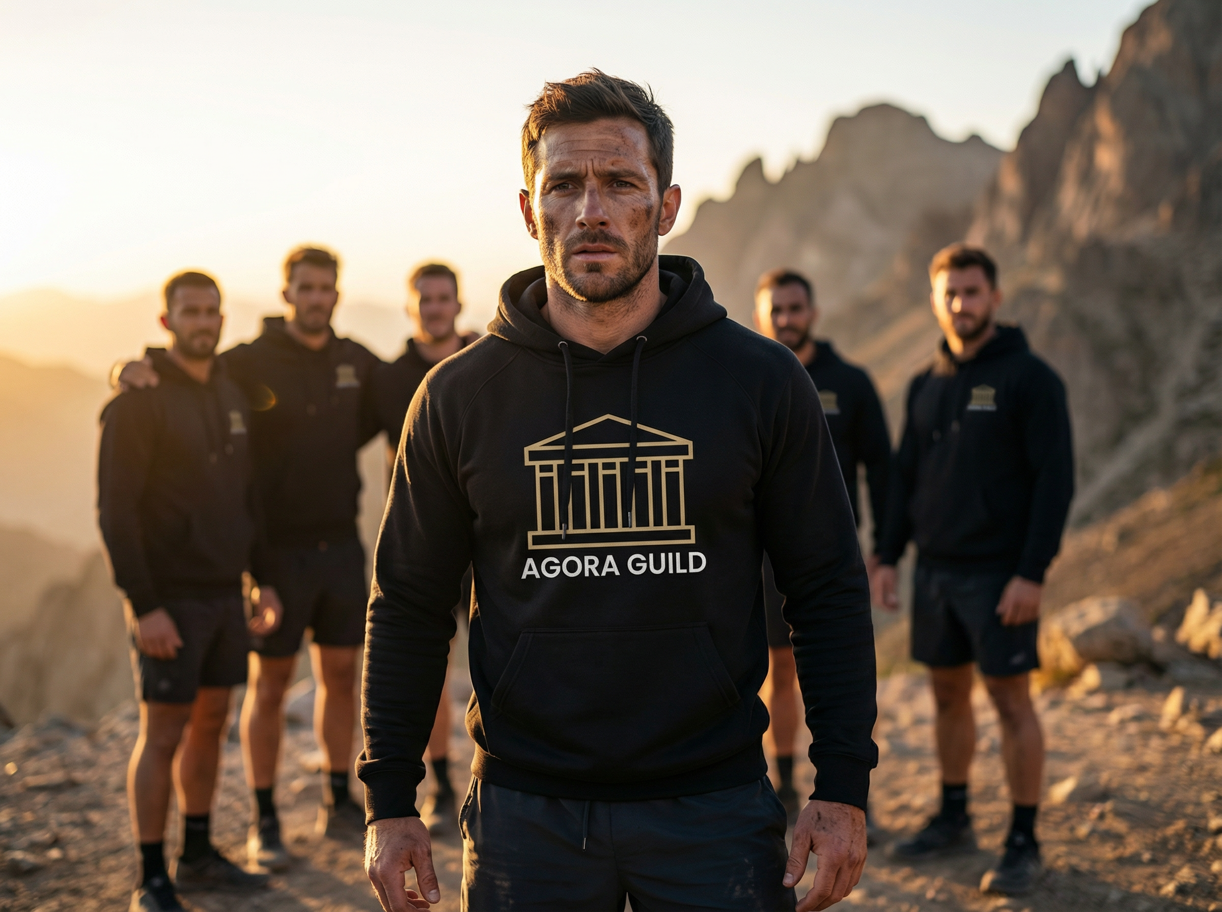 The 100-day reset for men hero image showing a focused man at sunrise with a strong men's brotherhood community behind him