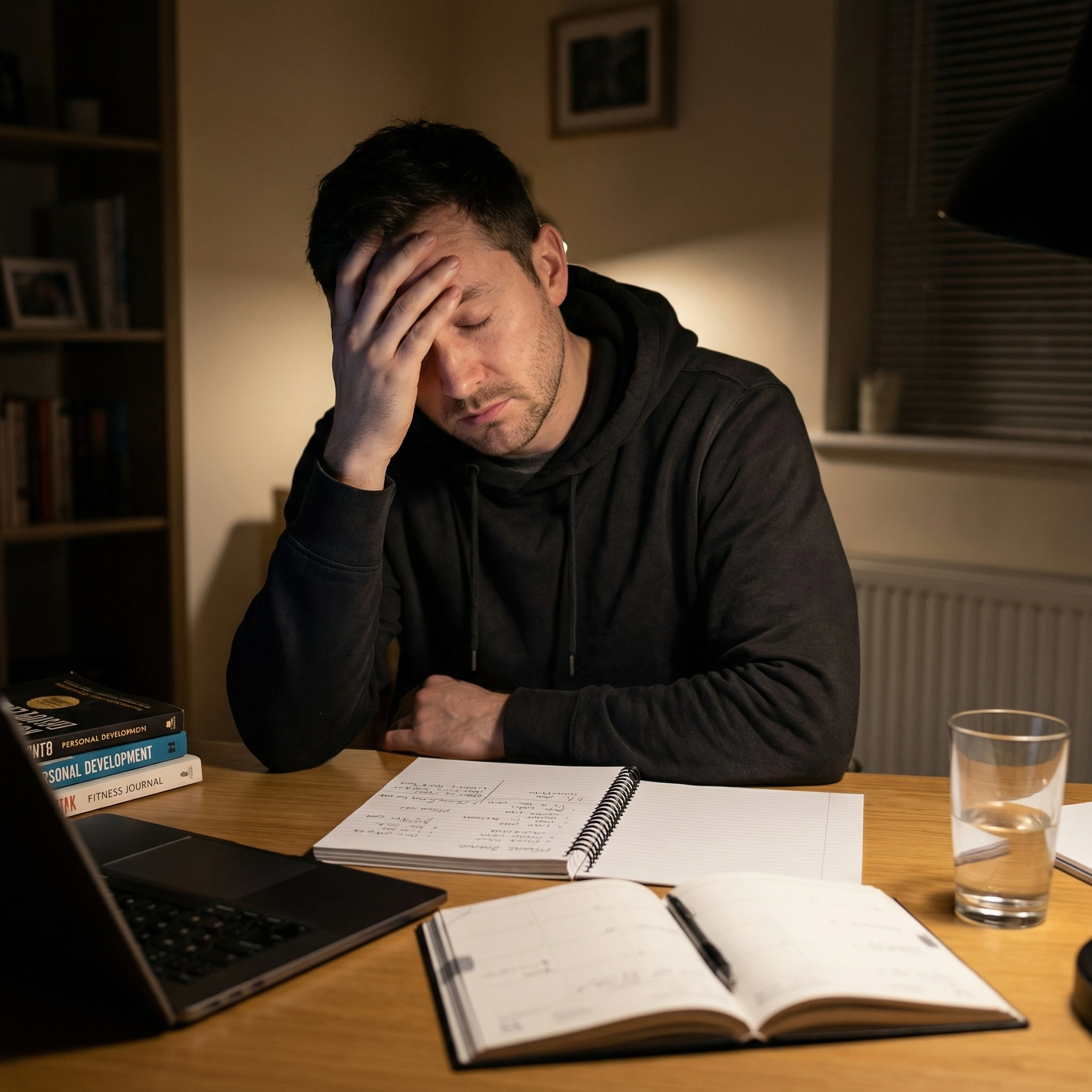 Man working alone at night showing the challenges of men’s personal development without accountability
