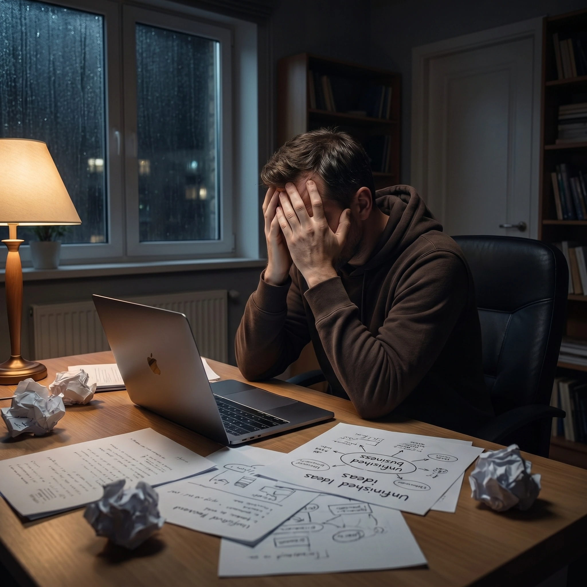 Solopreneur man struggling with isolation while building a side hustle alone at night