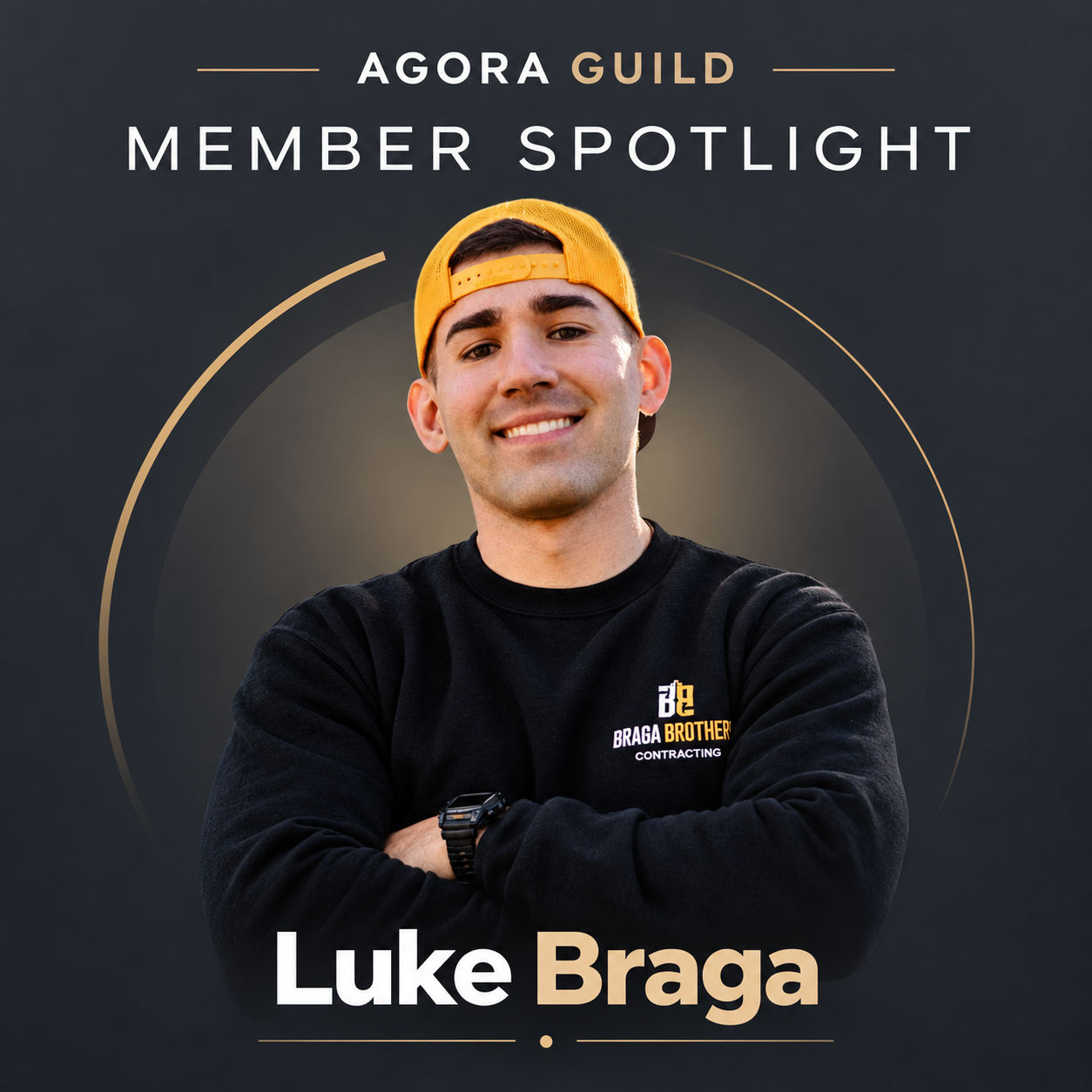 Luke Braga featured in Agora Guild's Member Spotlight, smiling in a yellow cap and black sweatshirt with arms crossed against a branded charcoal and gold background.