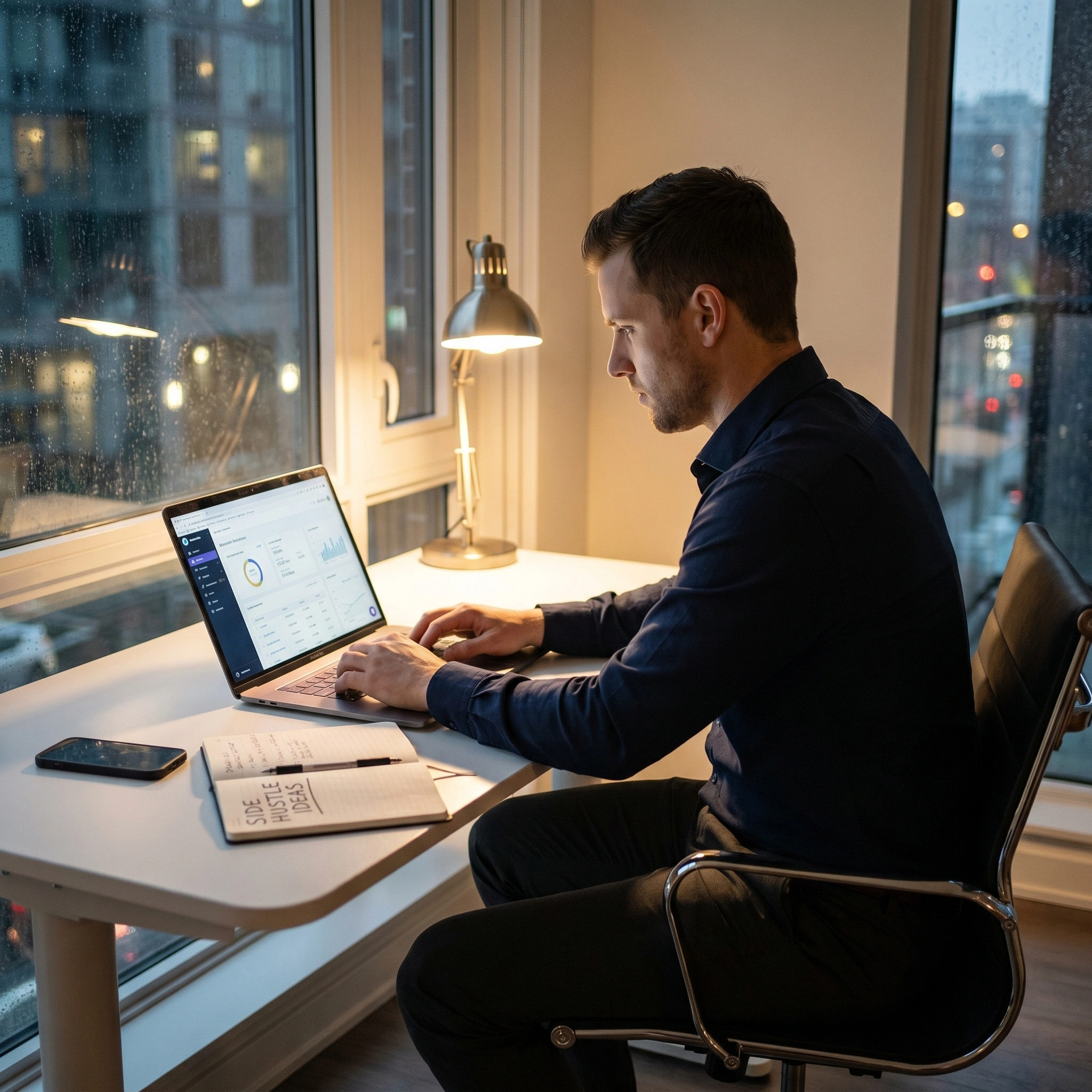 Best side hustles for men in 2026 with a professional man building a second income from home