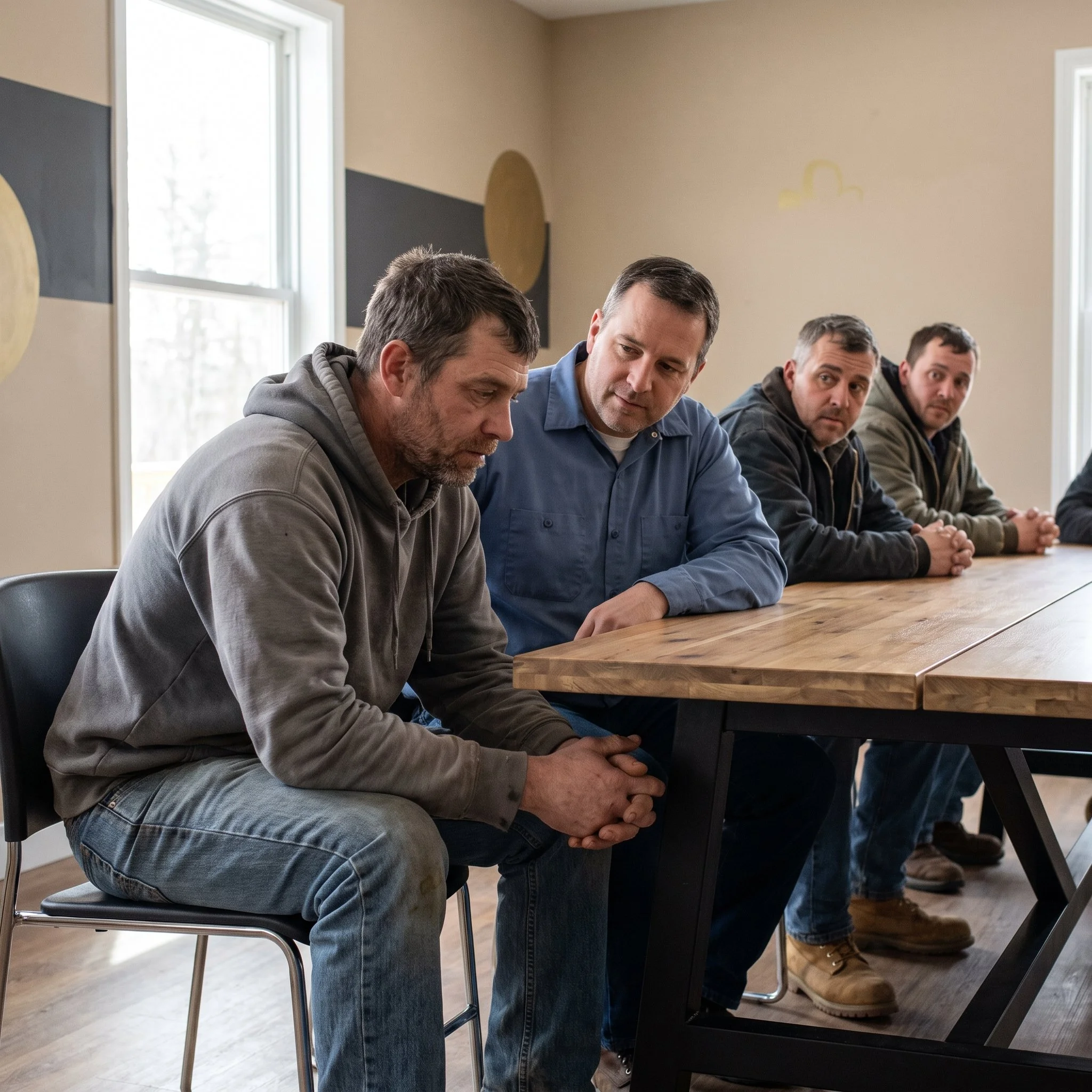 Everyday man receiving quiet support from a men's brotherhood while struggling with hidden signs of depression.