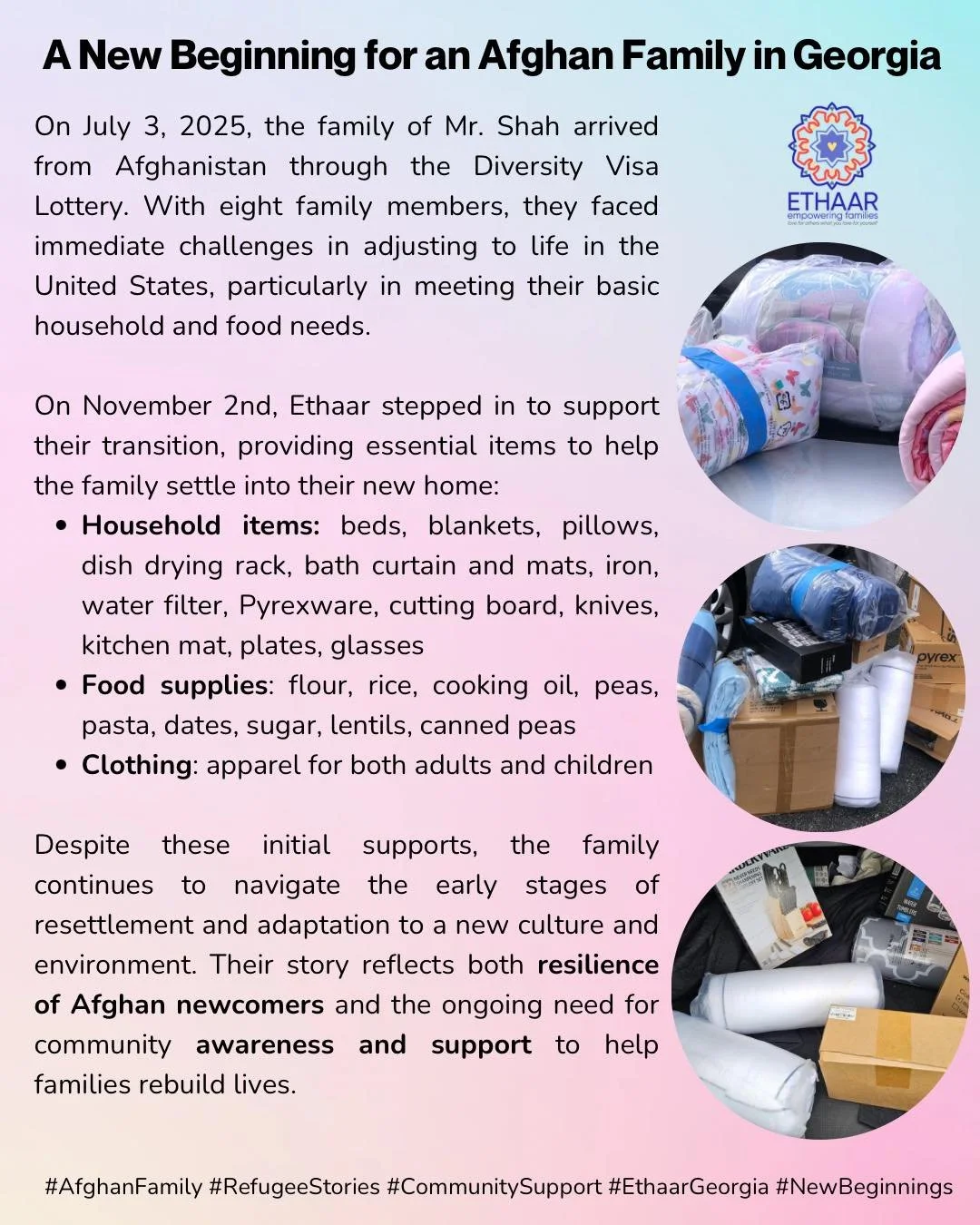 #communitysupport Ethaar's welcome home program continues to help families trickling into the United States with Diversity Visas (DV) or the lottery system.

Because Diversity Visa (DV) families arrive in the U.S. without government-funded resettleme