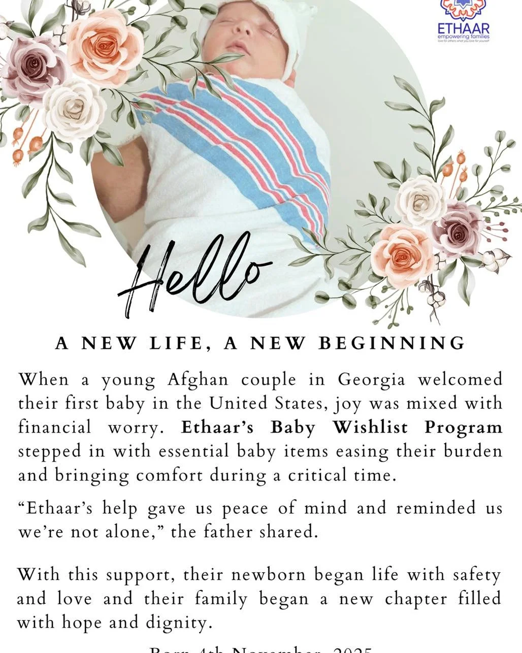 Congratulations to this lovely family on the birth of their precious baby! 

Through Ethaar&rsquo;s Welcome to the World Program, parents take part in an online educational workshop covering all things baby &mdash; from care to comfort. Once they pas