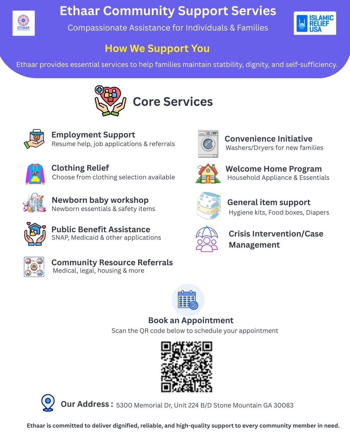 Our deepest gratitude to islamicreliefusa (IRUSA) for continually supporting Ethaar and believing so strongly in our mission and vision. Your unwavering partnership allows us to keep serving our community through a team of dedicated, compassionate in