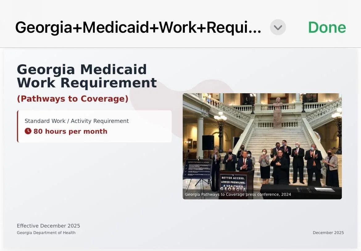 Understanding the Georgia Medicaid Work Requirement

Here is a brief overview of the age requirement, income threshold, approved activity requirements, exemptions, and some of the challenges surrounding implementation.

If you need help understanding