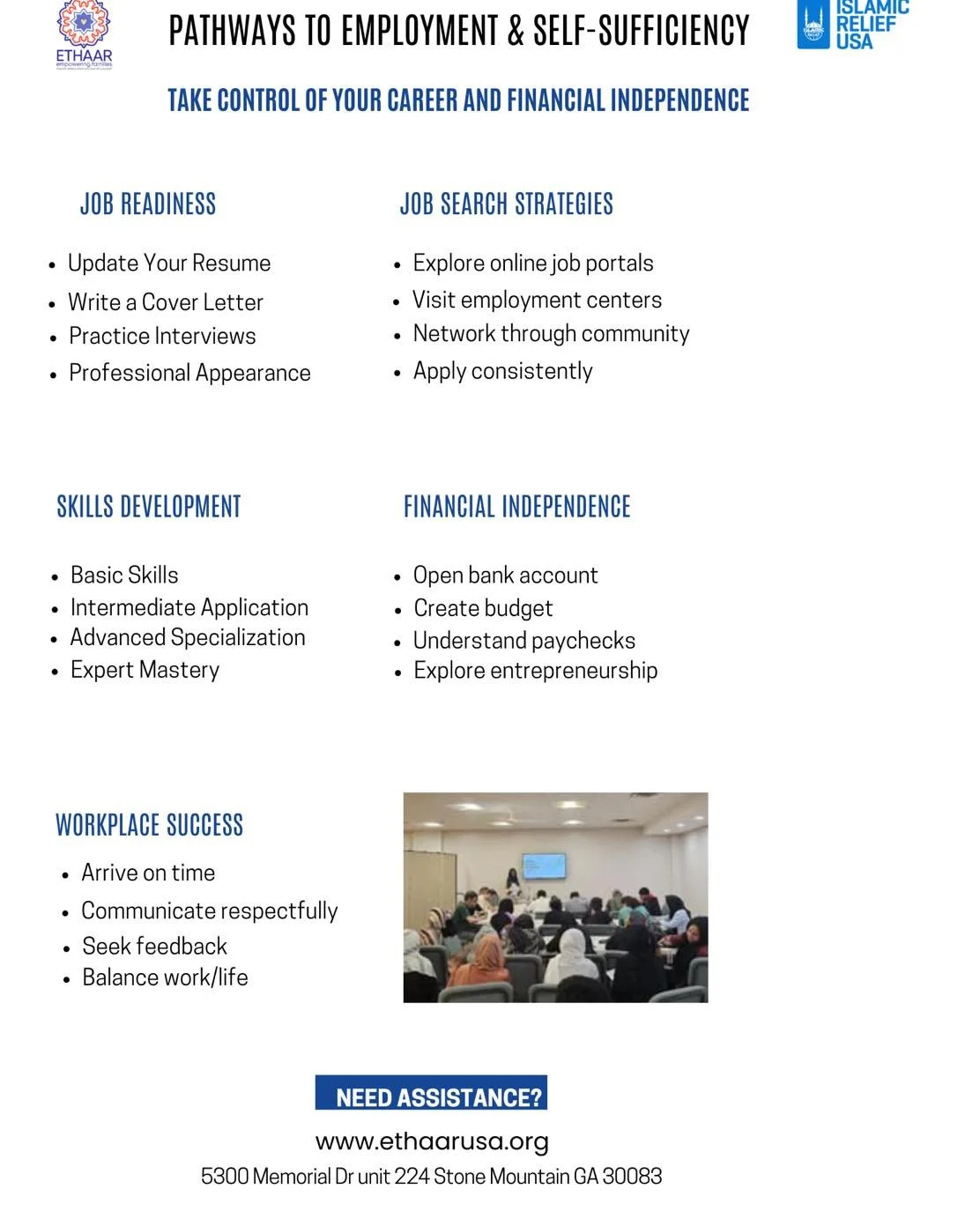 Ethaar supports individuals on their journey toward employment, career growth, and financial independence through structured guidance and practical skill-building.

Our case managers and facilitators work closely with clients on job readiness &mdash;