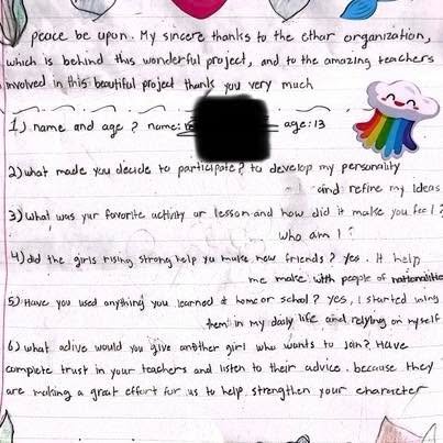 Another beautiful message from a 13 year old young girl who is part of our Girls Rising Strong Cohort. She mentions how this program was instrumental in not only having her bond with peers of other nationalities but also build her own character!