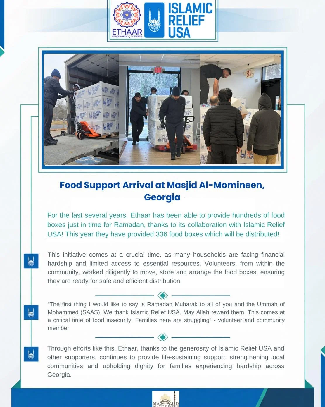 Getting ready for this weekend&rsquo;s massive food box distribution! For many years, Ethaar has partnered with Masjid Al-Momineen, and thanks to the incredible generosity of Islamic Relief USA, we&rsquo;re able to distribute hundreds of food boxes j