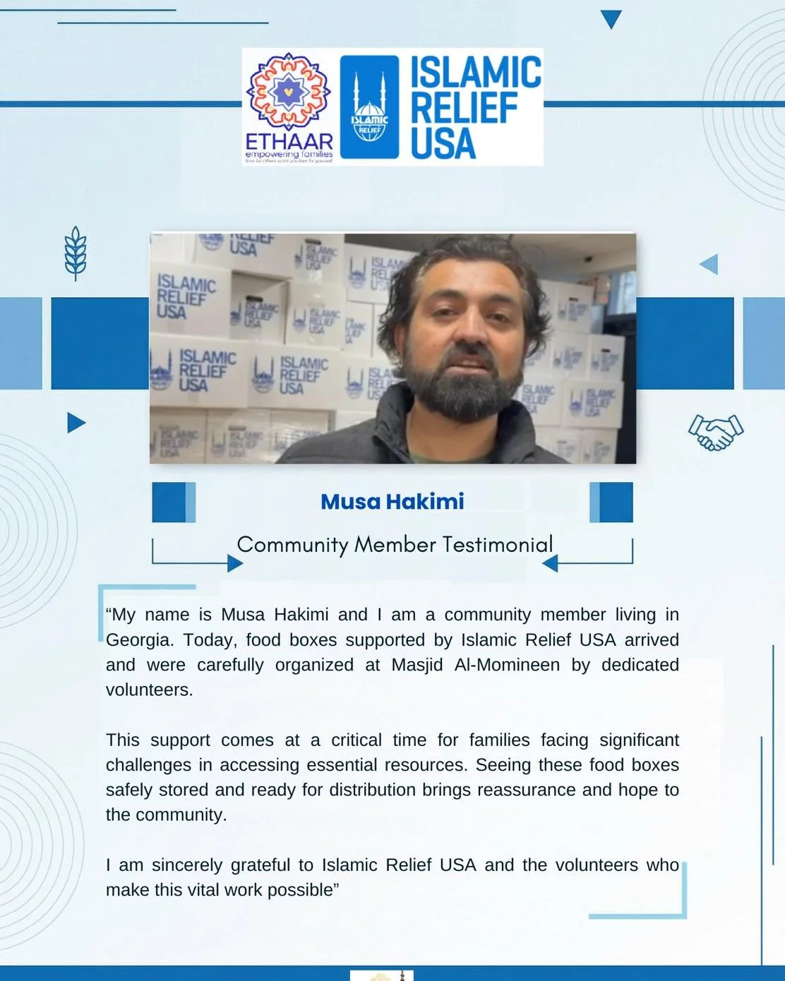 Heartfelt thanks to Islamic Relief USA for their incredible support and generosity. This message comes straight from one of the families who volunteered to help move the boxes&mdash;deeply inspired by IRUSA&rsquo;s kindness and by the way the communi