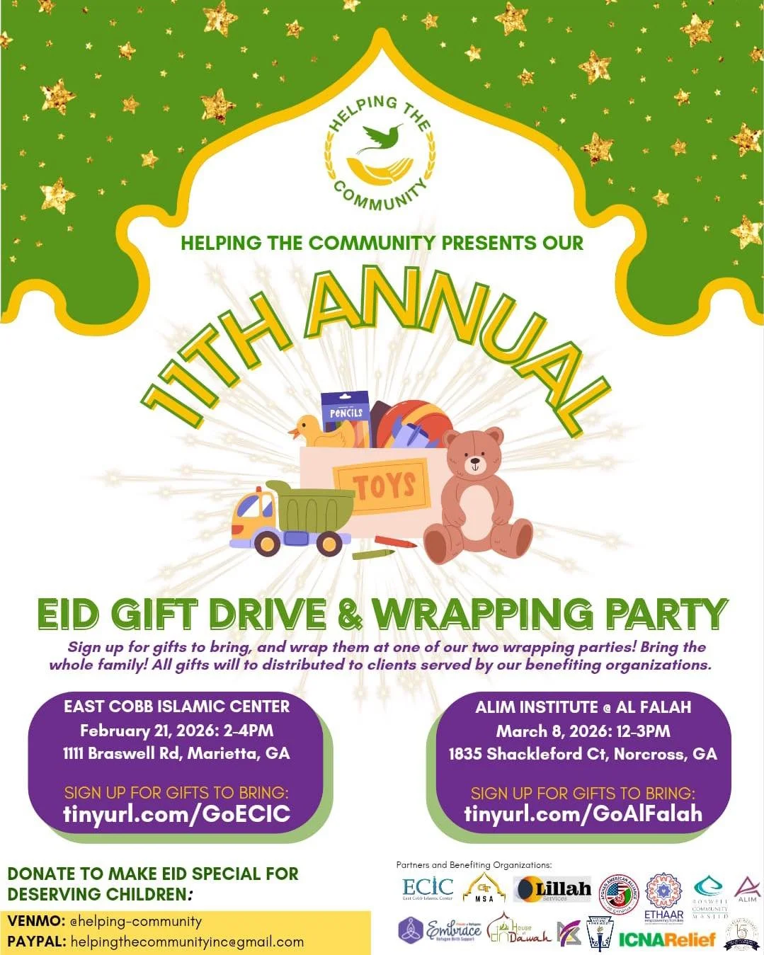 For 11 years, Helping the Community has been bringing people together for a heartwarming toy drive where families come with a few new toys &mdash; and a whole lot of love. ❤️

Together, we wrap gifts, share laughs, and build community.

Several nonpr