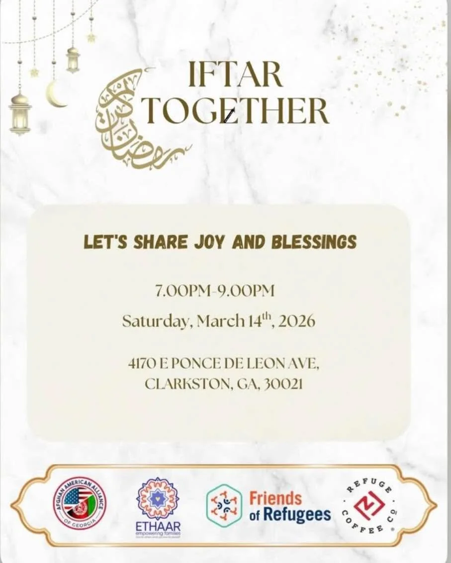 On Saturday our friends at the Afghan American Alliance of Georgia, Friends of Refugees and Ethaar came together to host a beautiful community Iftar at Refuge Coffee Co. Planning began nearly a month ago with the goal of sponsoring enough food for 30