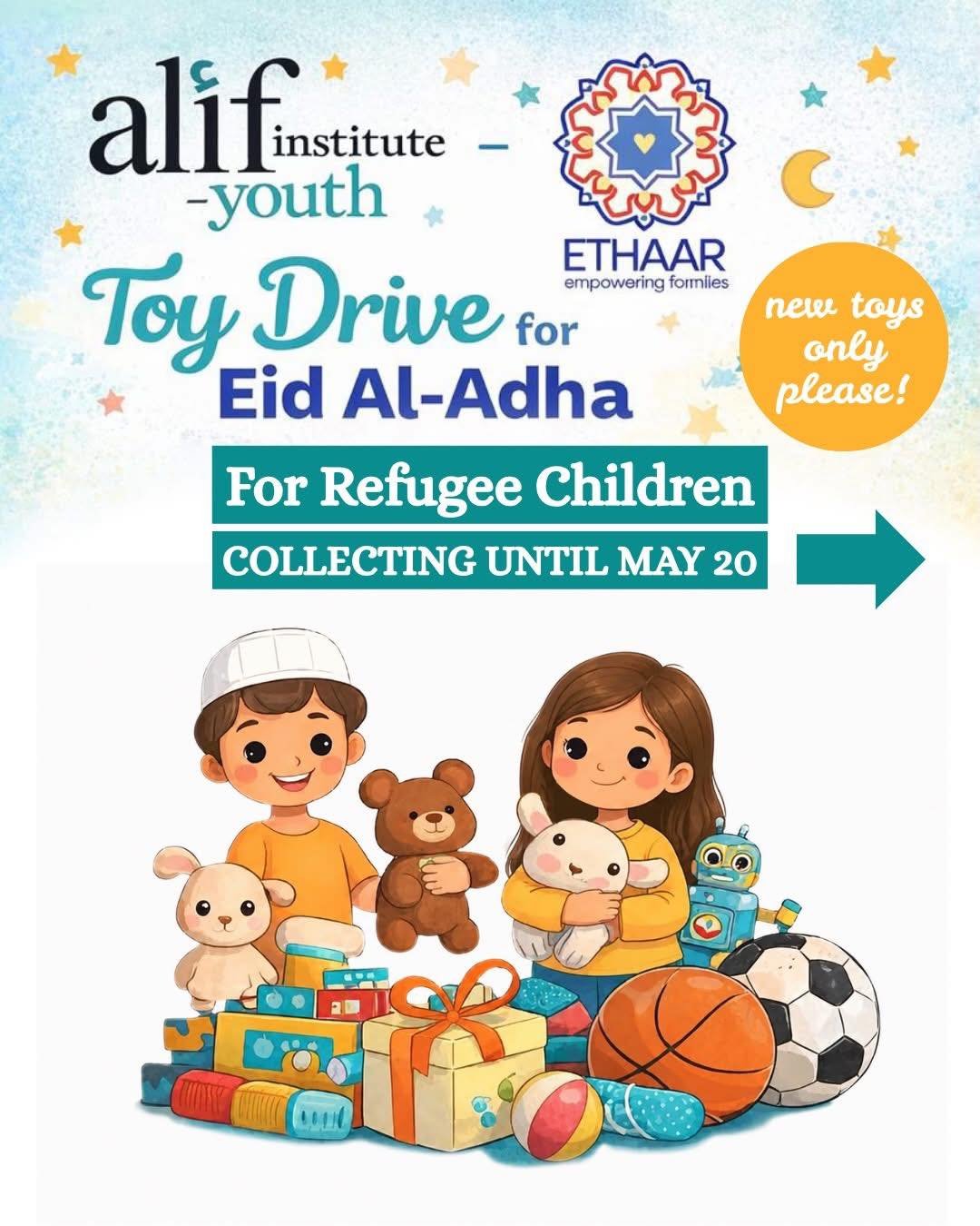 ALIF Institute has partnered with Ethaar to spread holiday joy this Eid! Drop off a new toy or purchase off of their Wishlist!!!

This Eid Al-Adha, our Alif Youth are collaborating with @ethaarusa to help them collect new toys for refugee children! 
