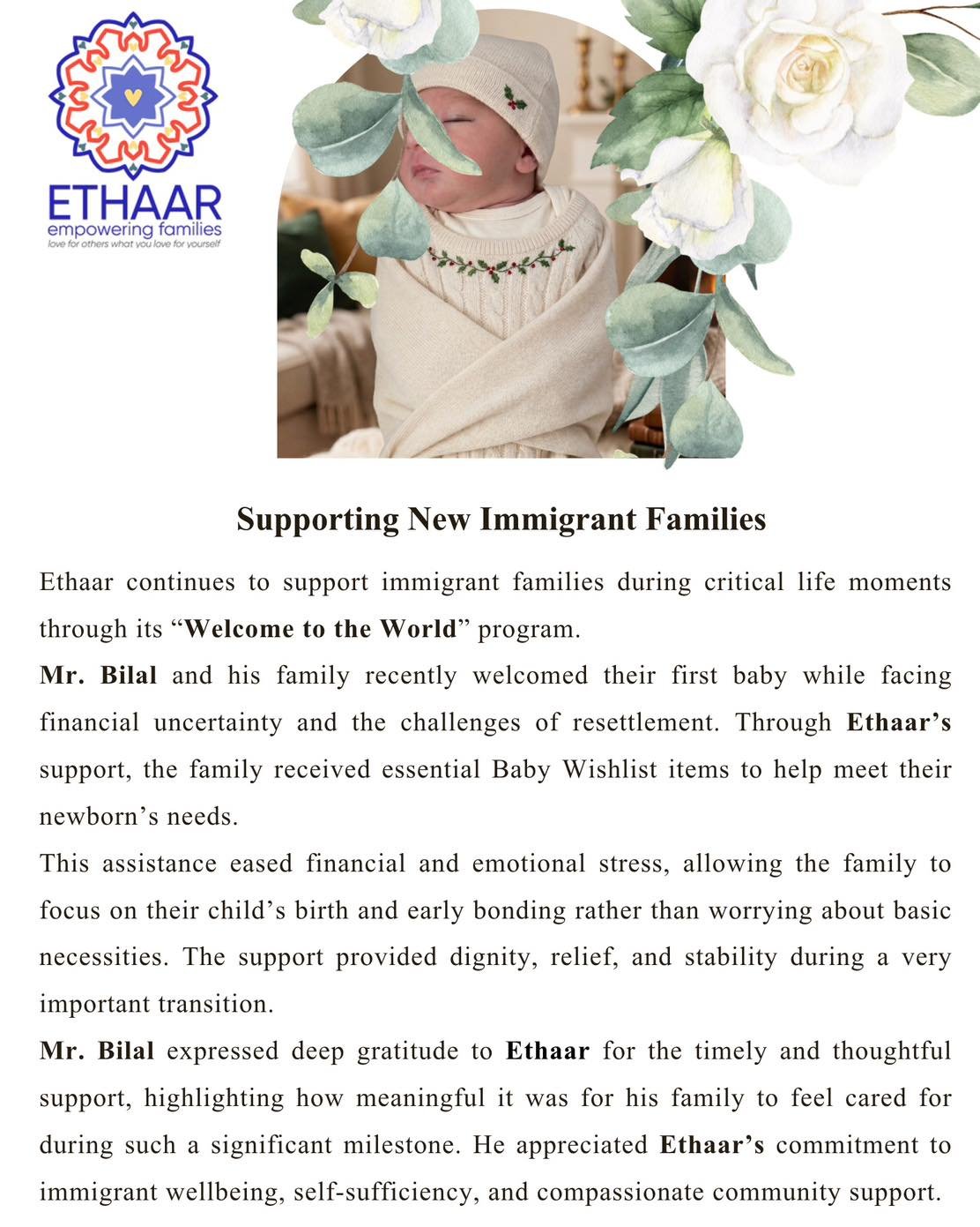 This lovely Afghan family of eight welcomed their bundle of joy a few weeks ago. Ethaar provided all baby necessities including a pack n play, stroller, car seat, swing, infant carrier, some clothing, a diaper bag, diapers and wipes - all new! Welcom