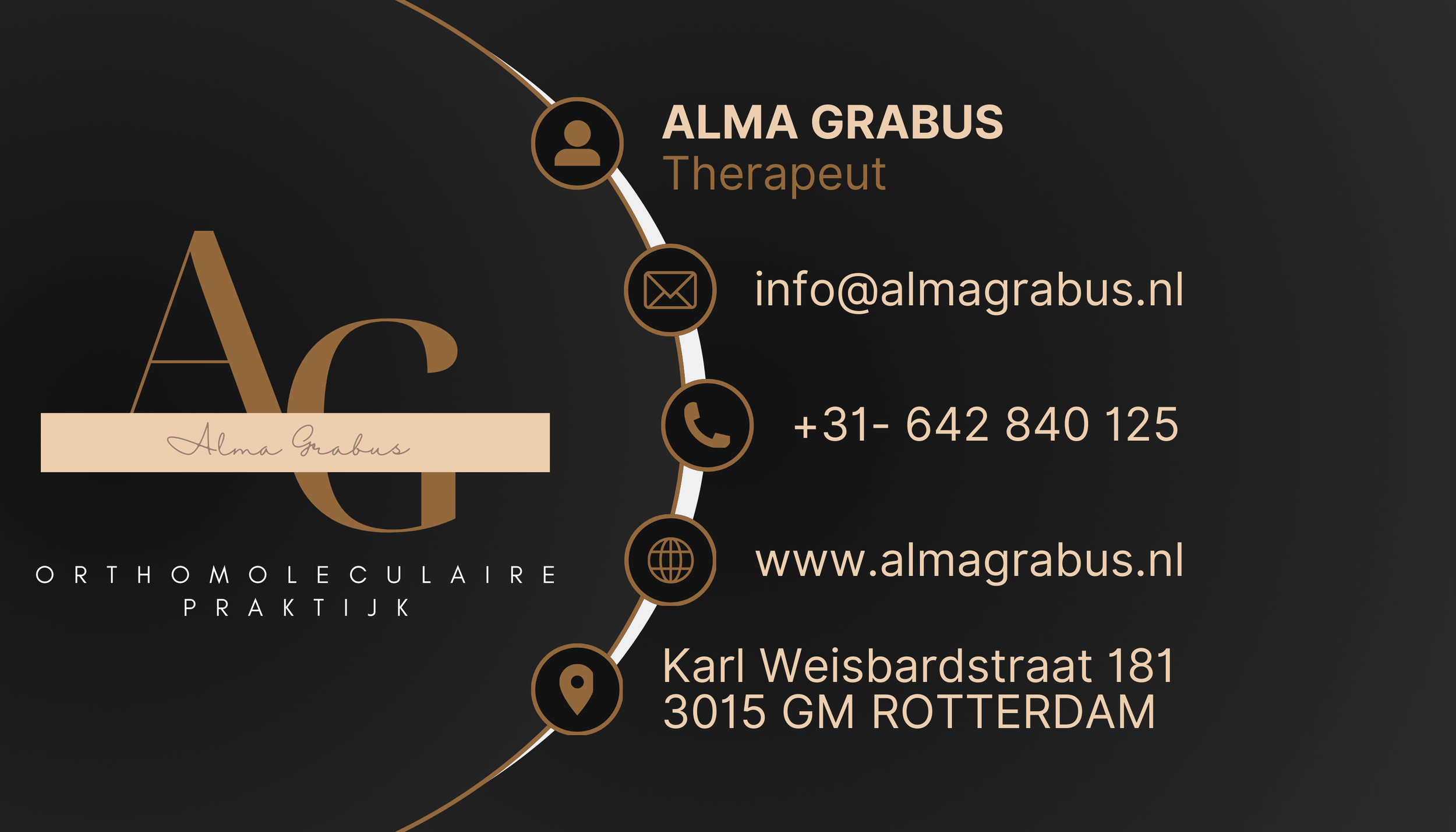 Visitekaartje met contactgegevens en logo voor Alma Grabus, orthomoleculaire therapeut, met zwart, goud en beige kleuren. 