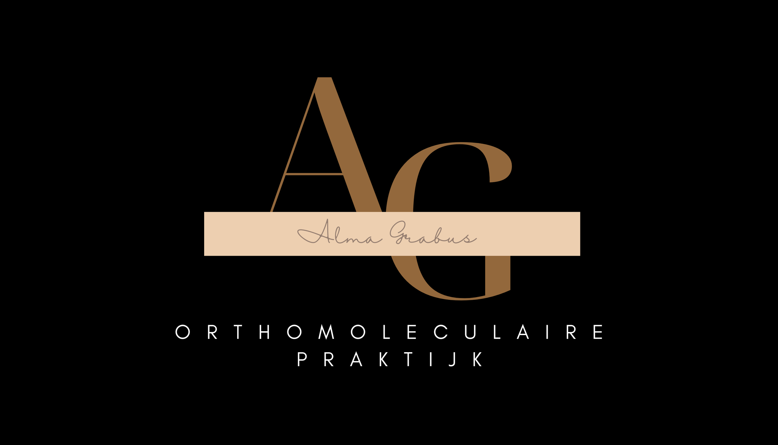 Logo met grote letters A en G, met een beige banner erover met de naam Alma Grabus, en de tekst 'Orthomoleculaire Praktijk' onderaan op een zwarte achtergrond.