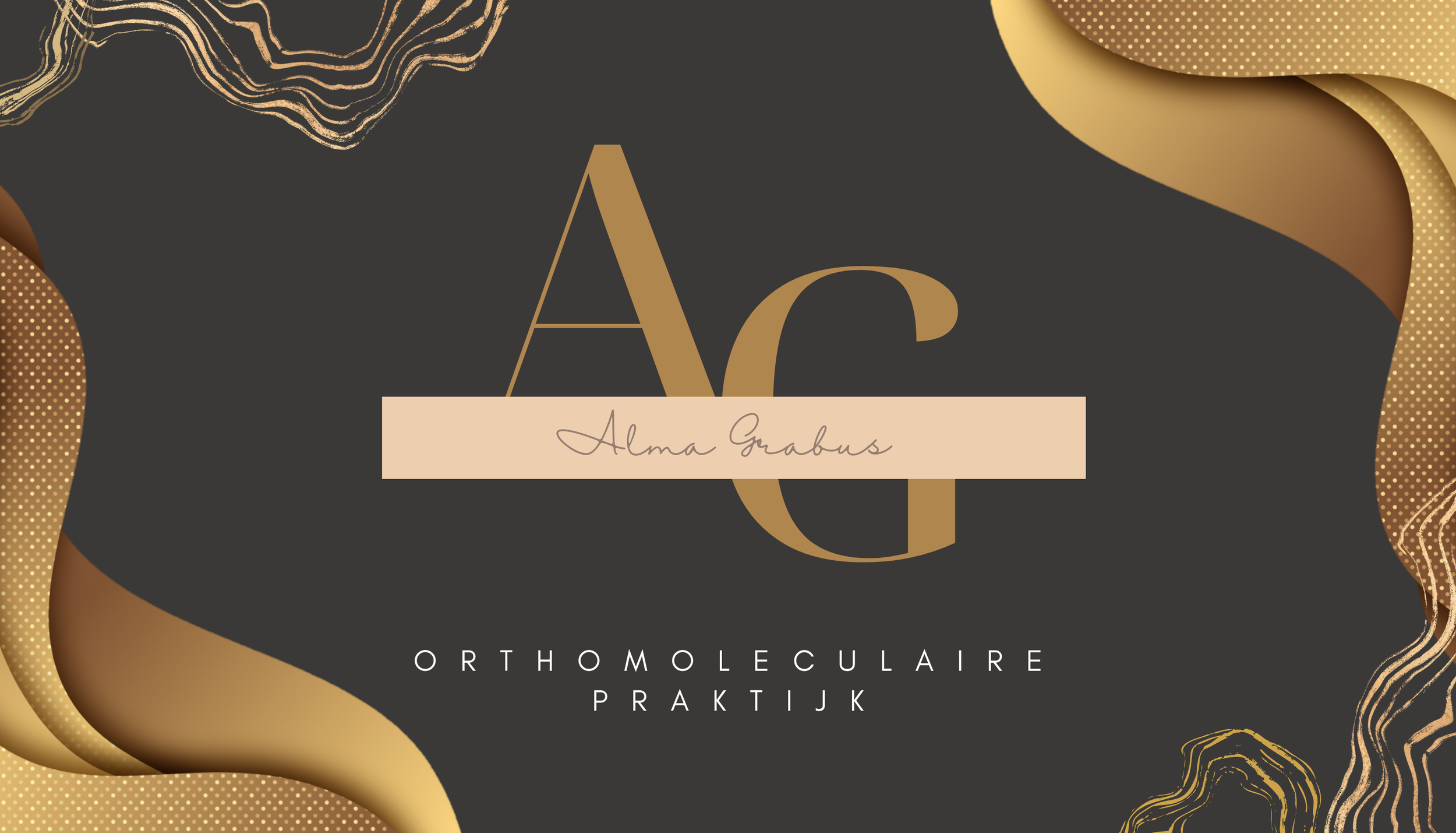 Boekomslag met de titel 'Orthomoleculaire Praktijk' en de naam 'Alma Grabus', ontwerp met gouden en beige decoratieve elementen op een donkergrijze achtergrond.